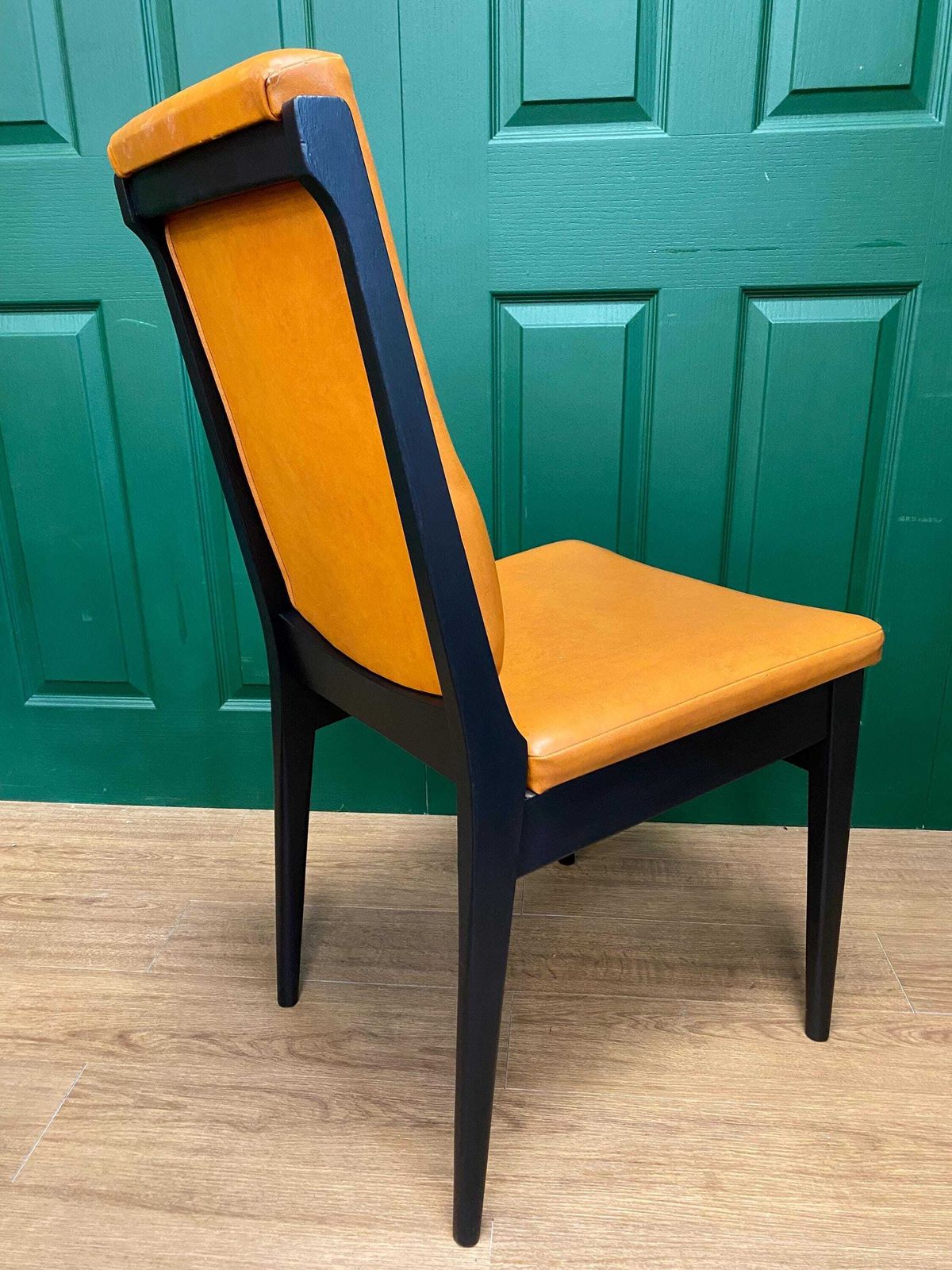 Set Of Four Vintage Mid Century 1970s Black And Orange Vinyl High Button Back Dining Chairs photo vinterior