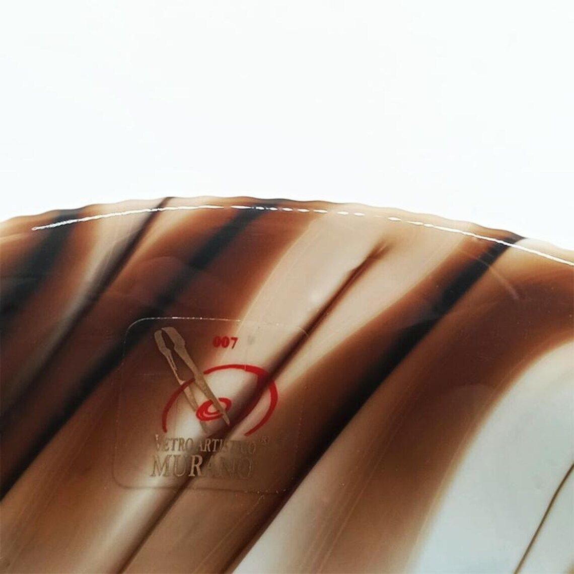 photo for sale 1970s Shell Ashtray   Empty Pocket In Hand Worked Murano Art Glass. Made In Italy. Original Label   18 Cm / 7.08 Inches.