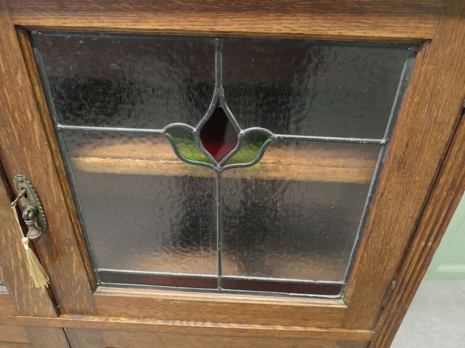 Arts And Crafts Oak Stained Glass Bookcase. photo 900.0