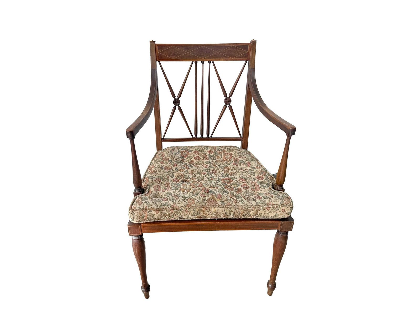 photo for sale Antique Sheraton Revival Chair Cane Seat Mahogany Inlaid With X Frame Back.