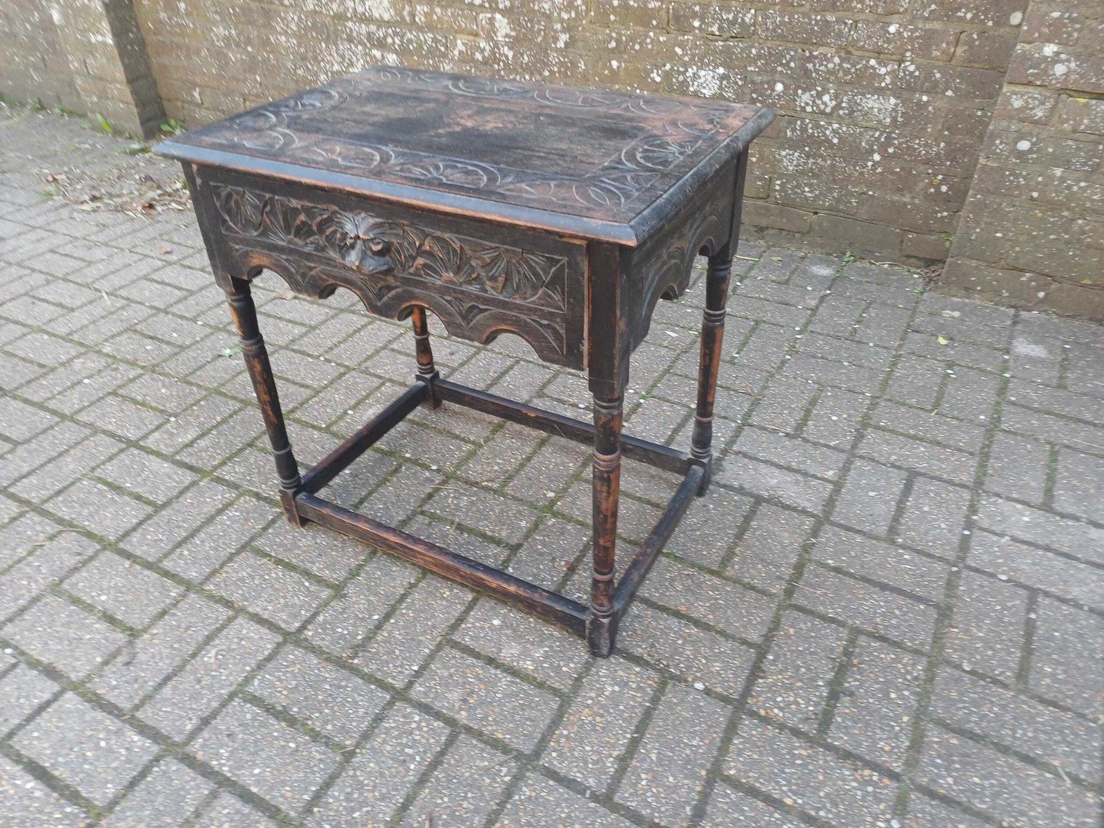 Antique C1910–1920 Solid Oak Pussyfoot Side Table – Carved Top, Gothic Detail, Turned Legs, Distressed Original Finish photo for sale