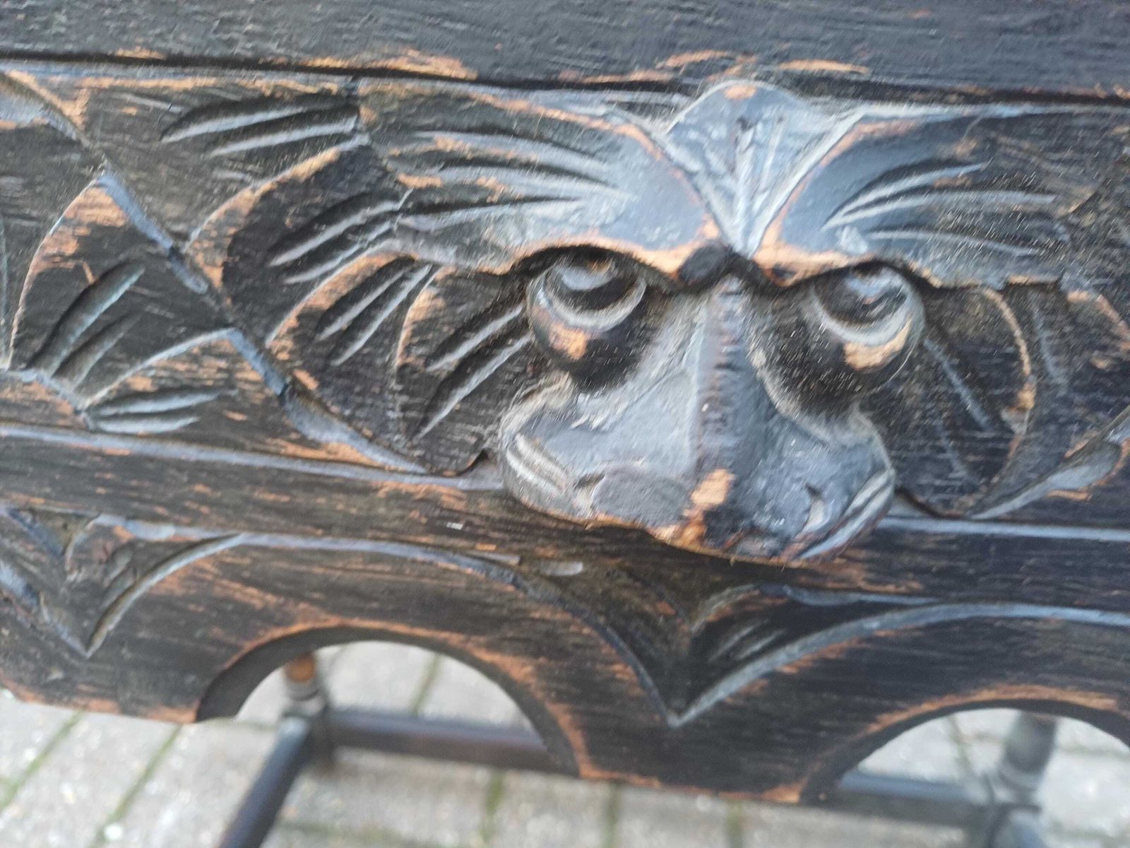 Furniture Antique C1910–1920 Solid Oak Pussyfoot Side Table – Carved Top, Gothic Detail, Turned Legs, Distressed Original Finish photo