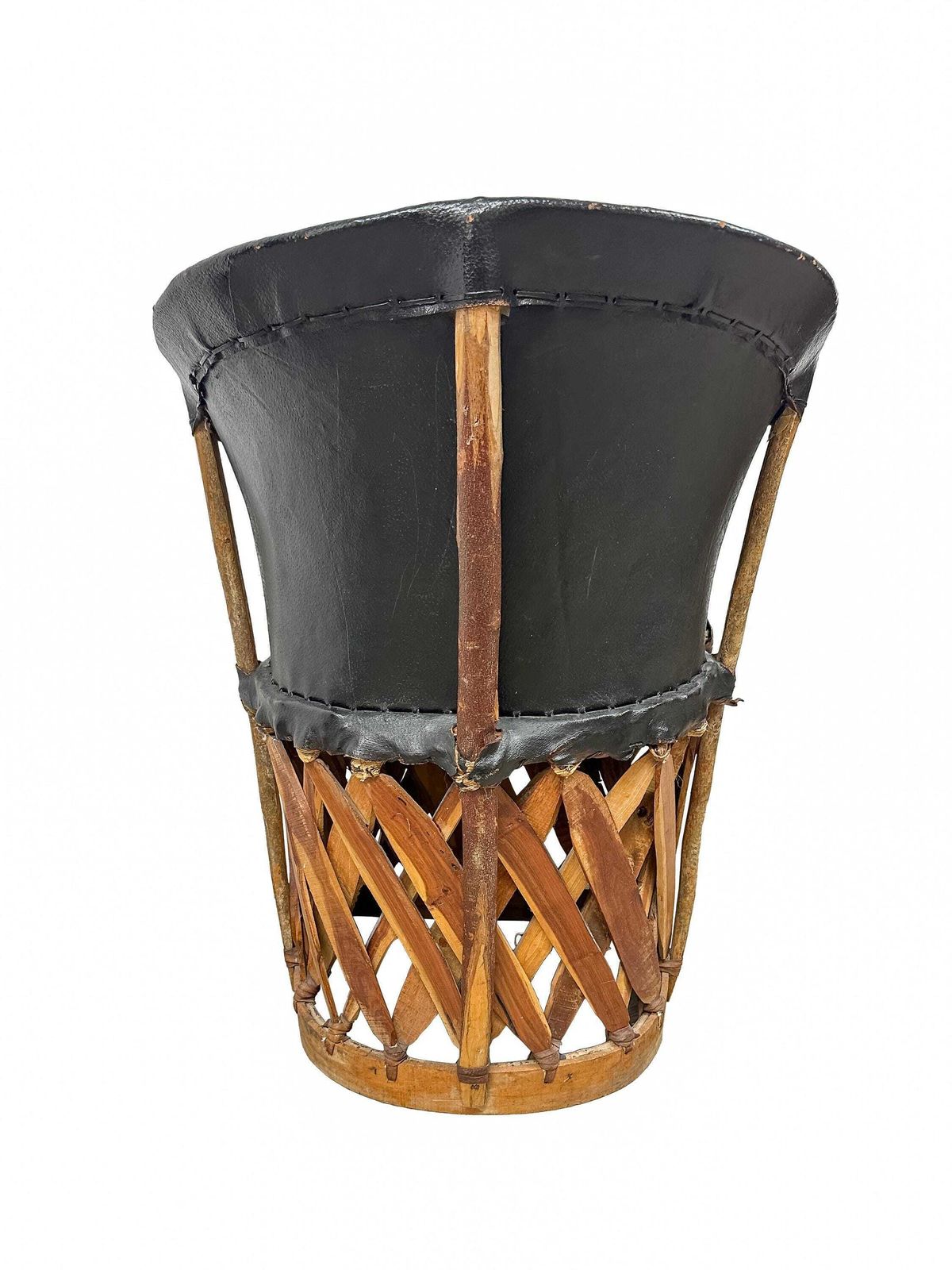 Pair Vintage Equipale Barrel Tub Chairs Black Tan Leather   Mexican Rustic Folkart Style. photo vintage