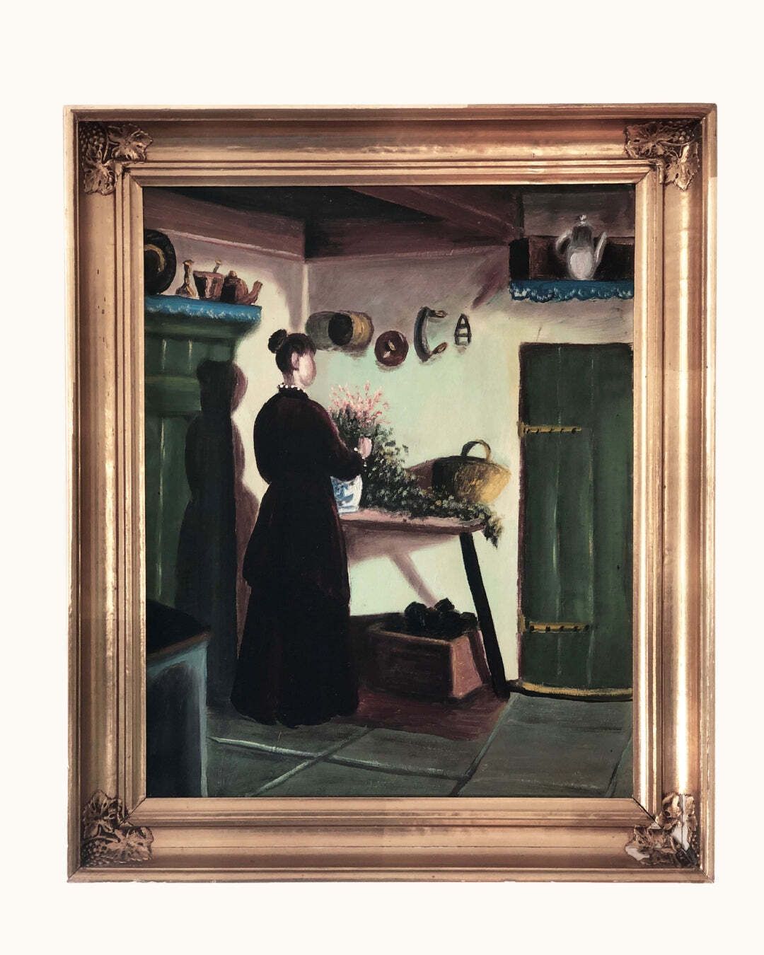 Vintage Original Oil Painting Of A Cottage Interior, C. 1940