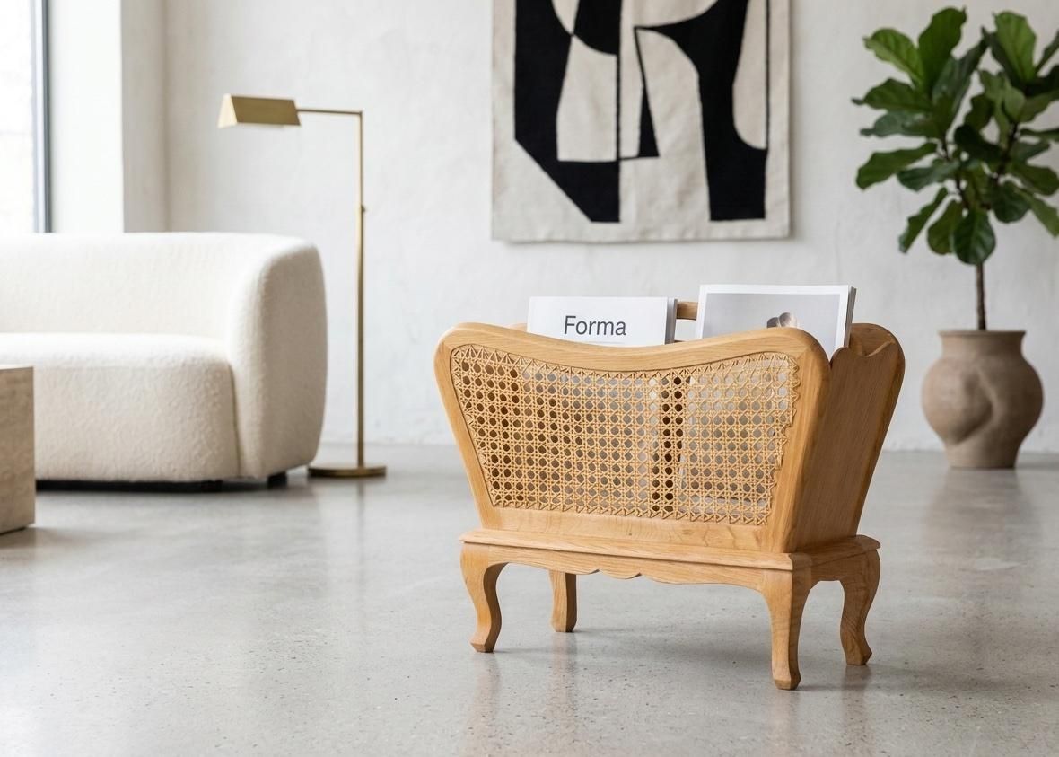 Magazine Rack In Oak And Cane, Danish Design, 1960s photo furniture