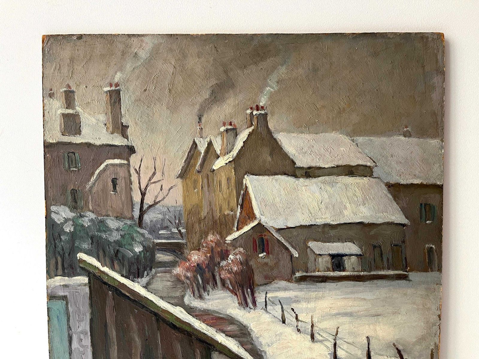 Original Antique Snowy Rural Landscape "Near The Laundry", Antique French River Oil, Winter Painting photo Art
