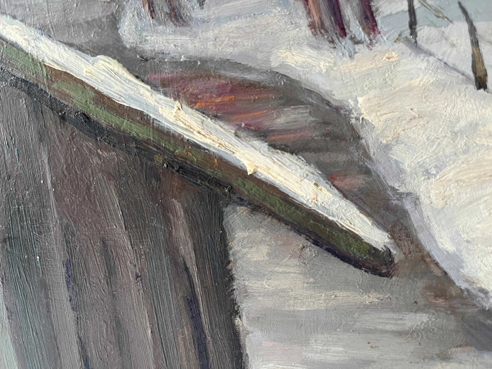 Original Antique Snowy Rural Landscape "Near The Laundry", Antique French River Oil, Winter Painting photo vintage