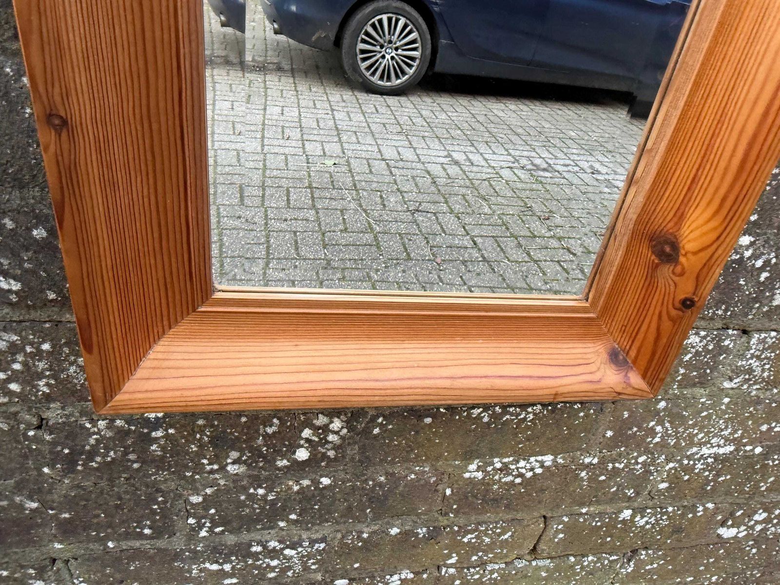 photo for sale Vintage 1970s Solid Pine Framed Wall Mirror Rustic Scandinavian Country Interior Decor