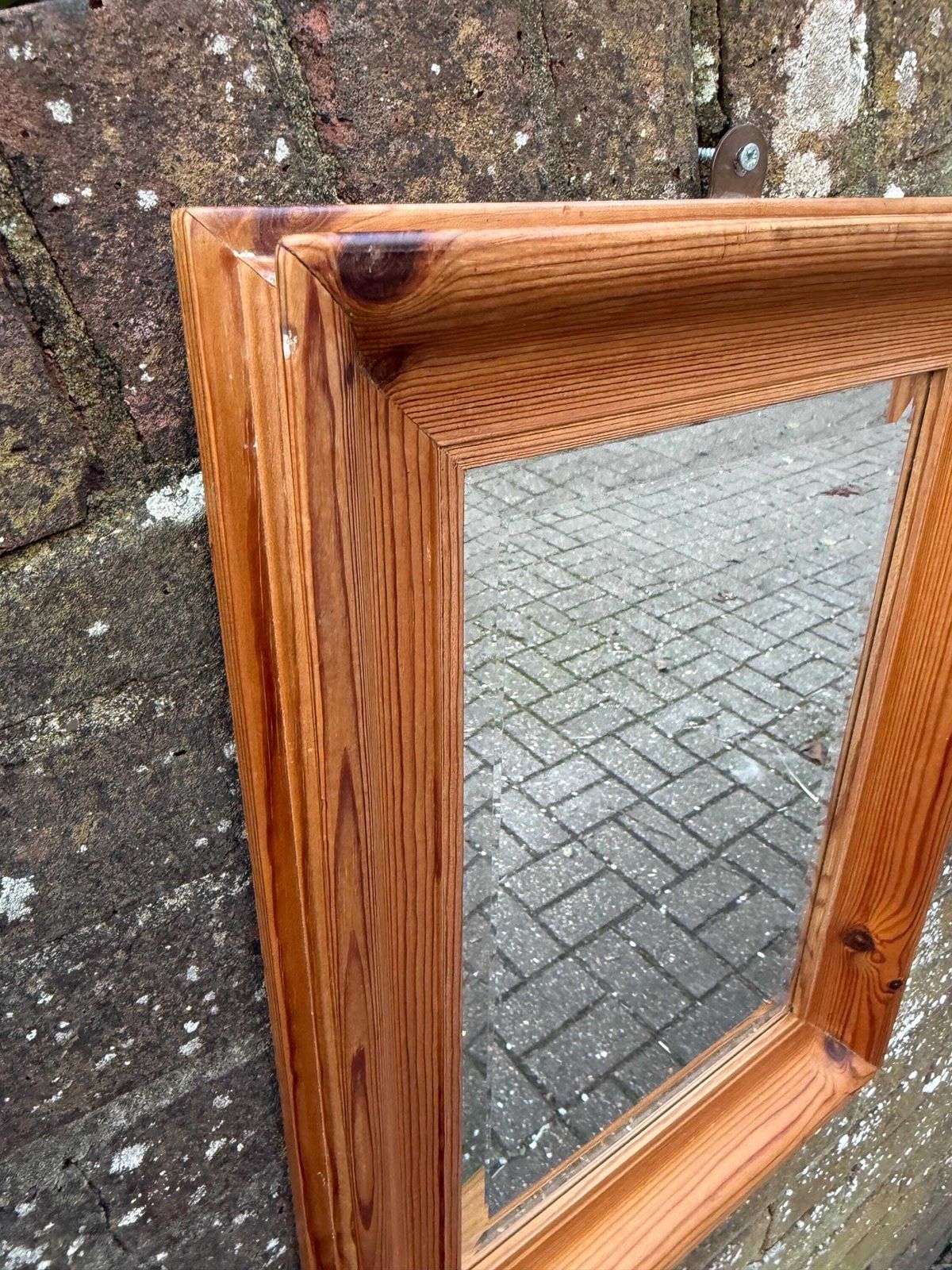 photo vinterior Vintage 1970s Solid Pine Framed Wall Mirror Rustic Scandinavian Country Interior Decor