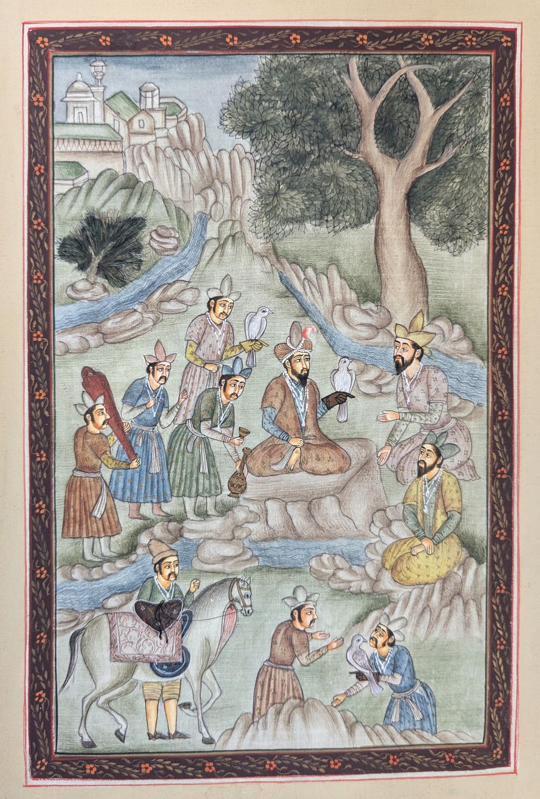 Vintage Central Asian Miniature Painting In Timurid Style On Fabric photo for sale