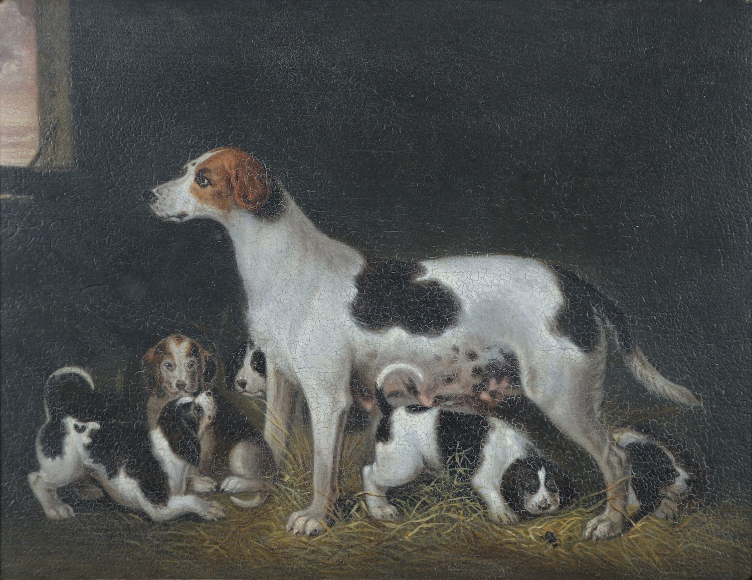 Small English Georgian Oil Painting Picture Of A Hound Dog “Lady” & Her Litter Attributed To Samuel Raven (Circa 1800) photo furniture