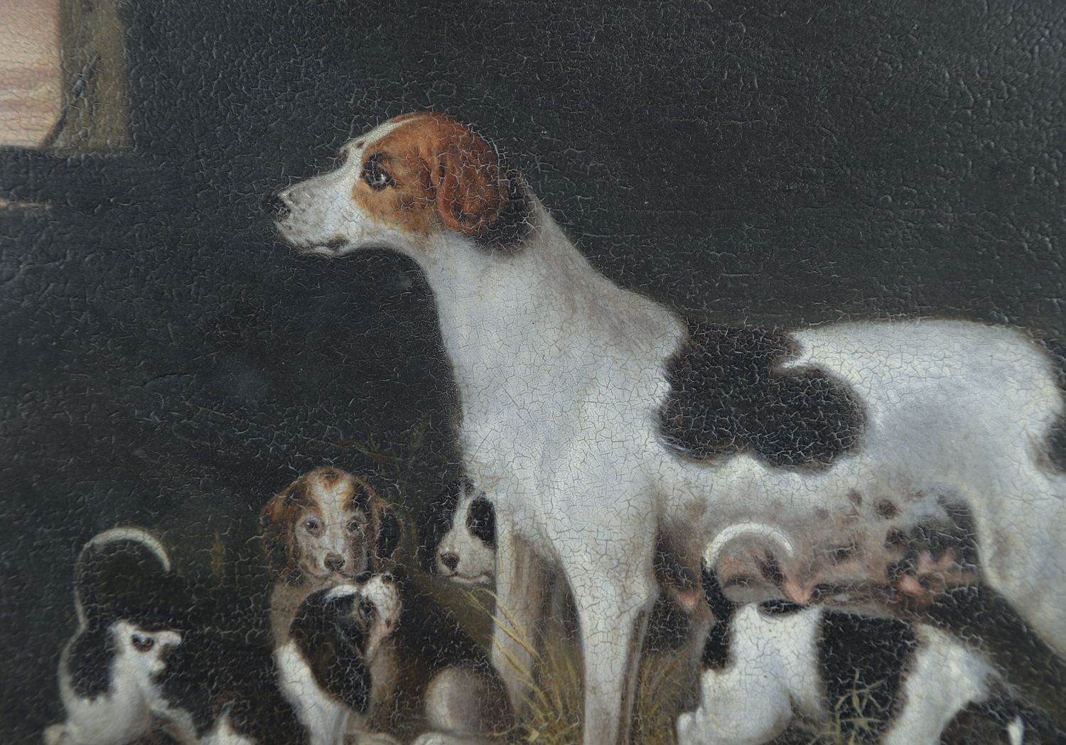 photo furniture Small English Georgian Oil Painting Picture Of A Hound Dog “Lady” & Her Litter Attributed To Samuel Raven (Circa 1800)