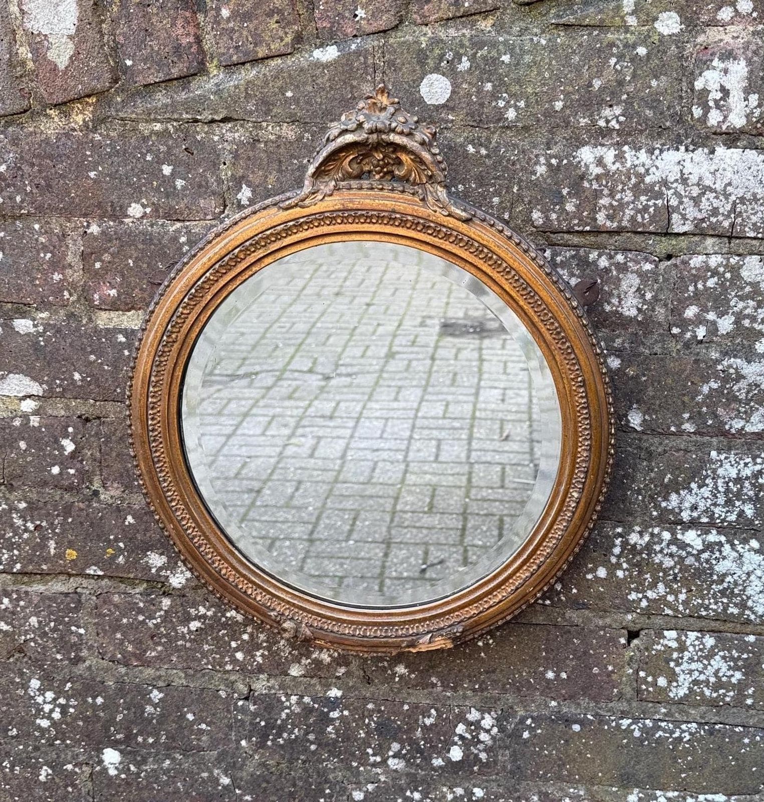 Antique Ornate Gesso Gilt Wall Mirror With Ornate Crest Detail And Shabbied Finish