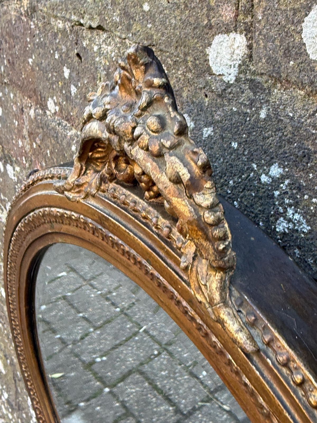 Antique Ornate Gesso Gilt Wall Mirror With Ornate Crest Detail And Shabbied Finish photo 100.0