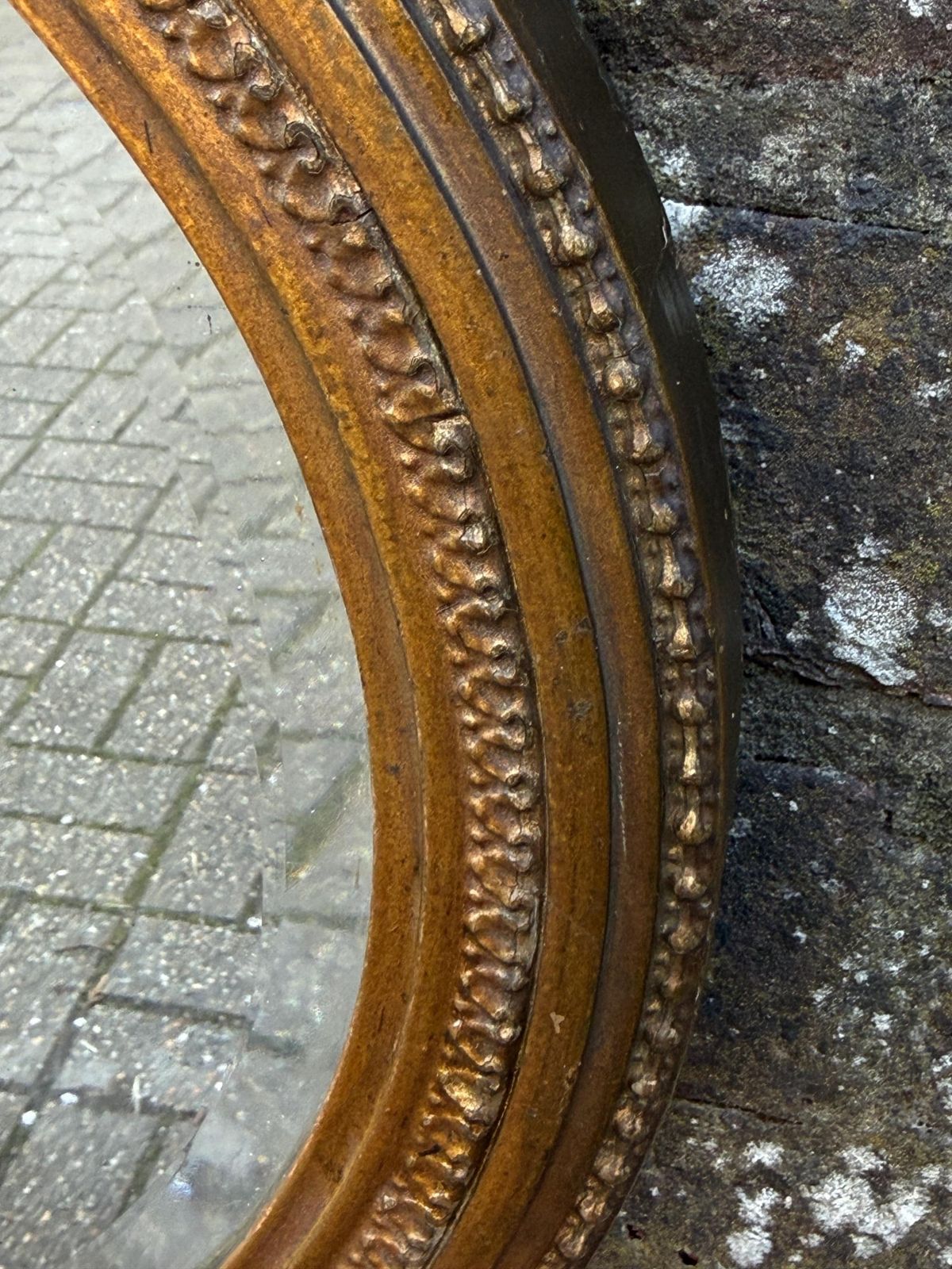 photo furniture Antique Ornate Gesso Gilt Wall Mirror With Ornate Crest Detail And Shabbied Finish