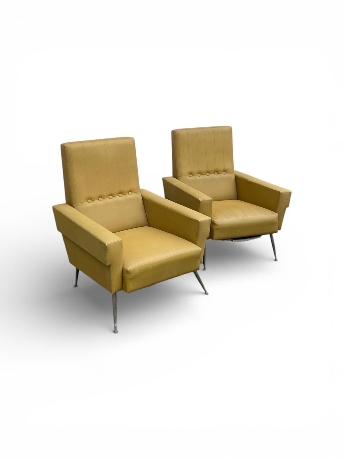 Pair Of Italian Mid Century Modern Ochre Upholstered Lounge Chairs, C.1960 photo furniture