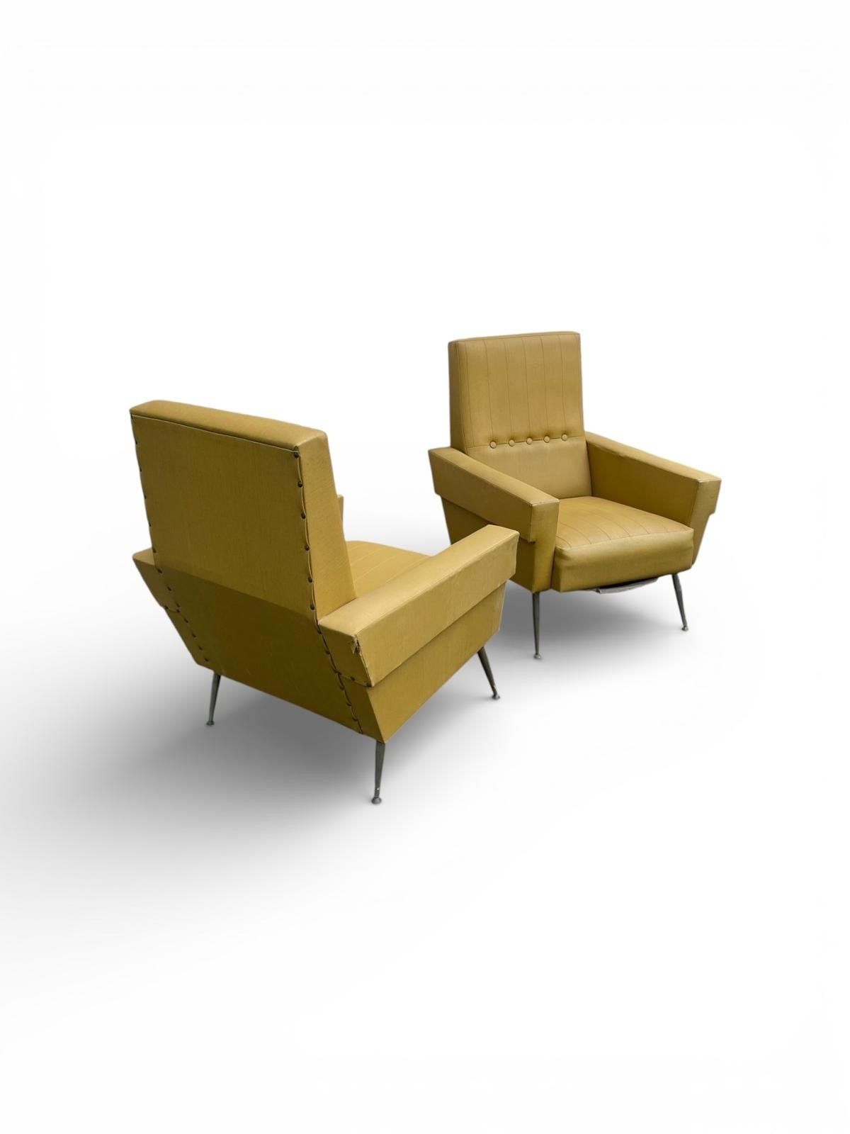 Pair Of Italian Mid Century Modern Ochre Upholstered Lounge Chairs, C.1960 photo for sale
