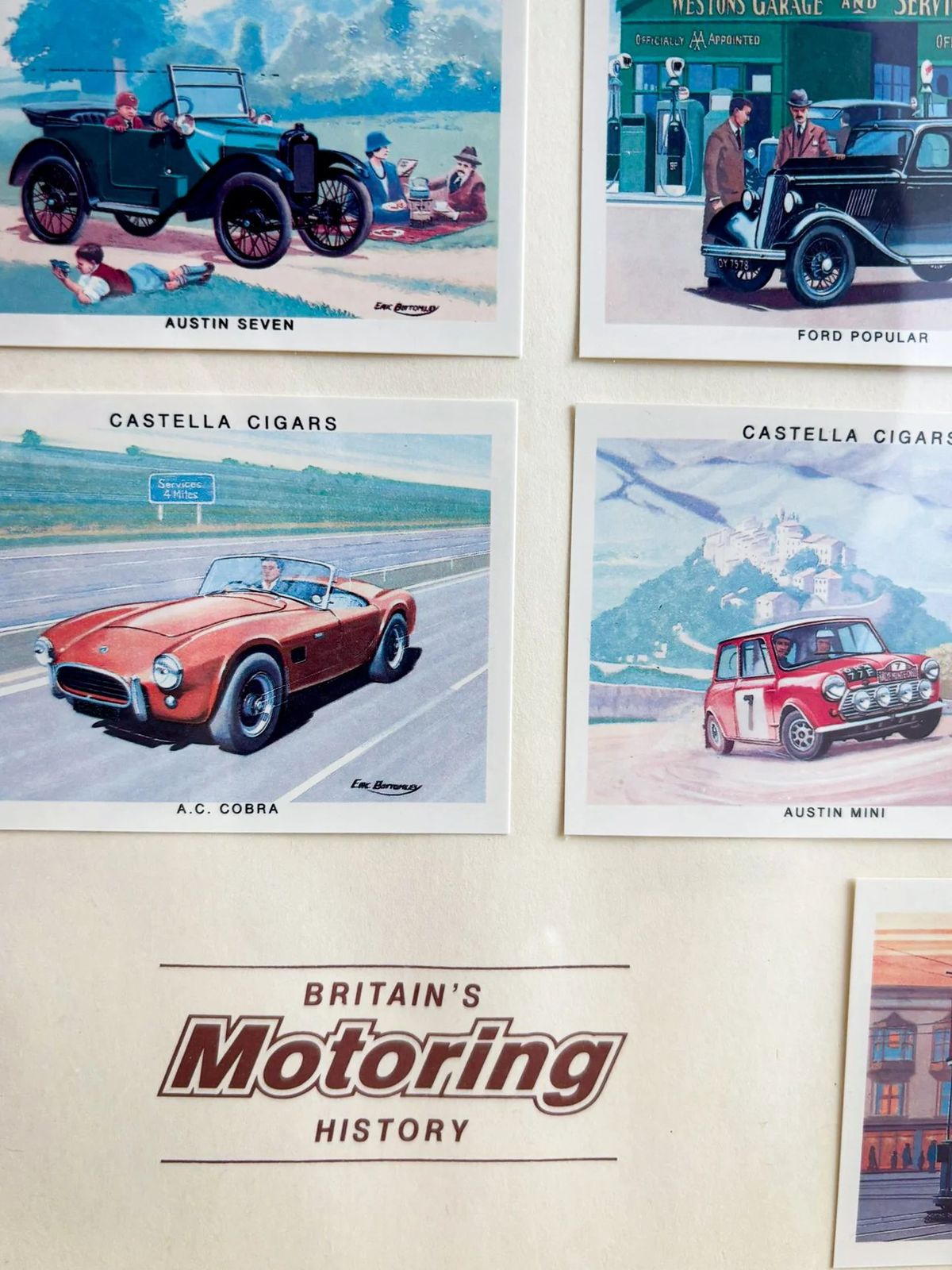 Castella “Britain’s Motoring History” Cigar Card Display, C.1930s – Framed Vintage Automobilia photo vinterior