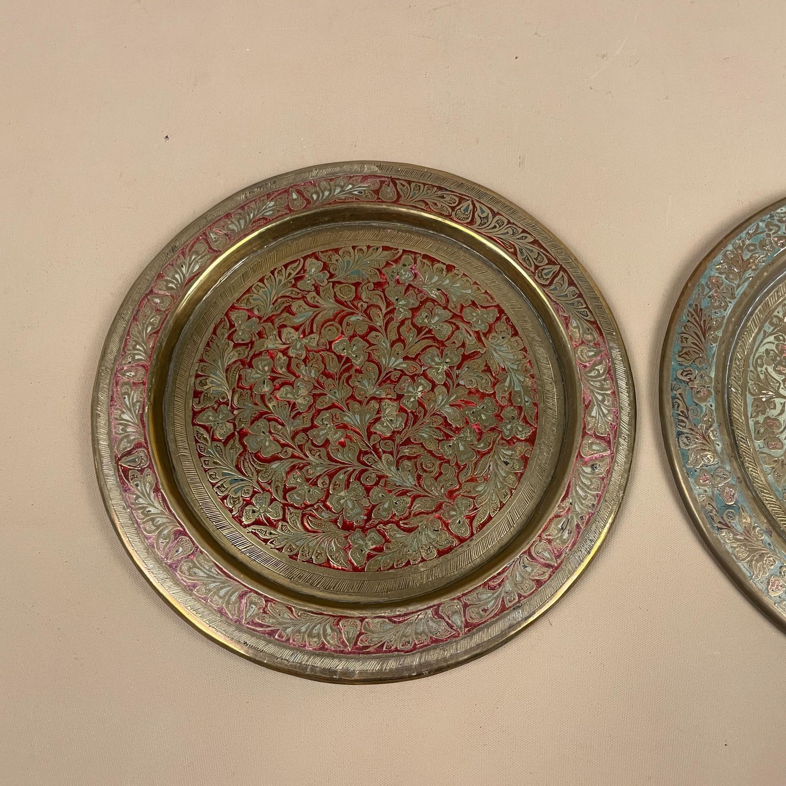 Set Of 2 Antique Metal Gold Indian Patterned Brass Tray 18cm Plate Handmade Etched Intricate Decorative Patterned Wall Art Round Vintage photo for sale