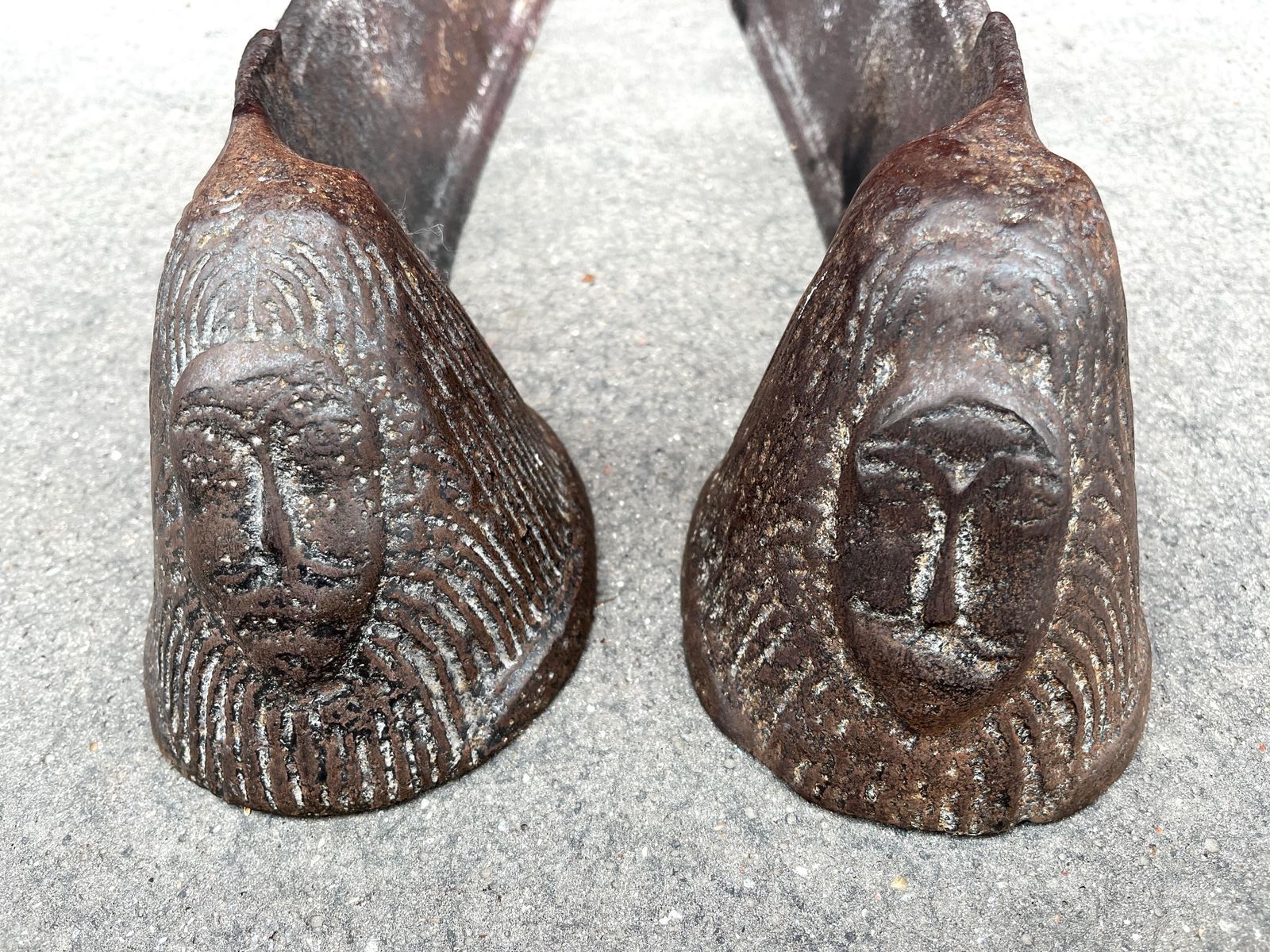 Pair Of Modernist Anthropomorphic Fireplace Andirons, 1950s Antique Firedogs, Vintage Cast Iron Folk Art Andirons photo buy