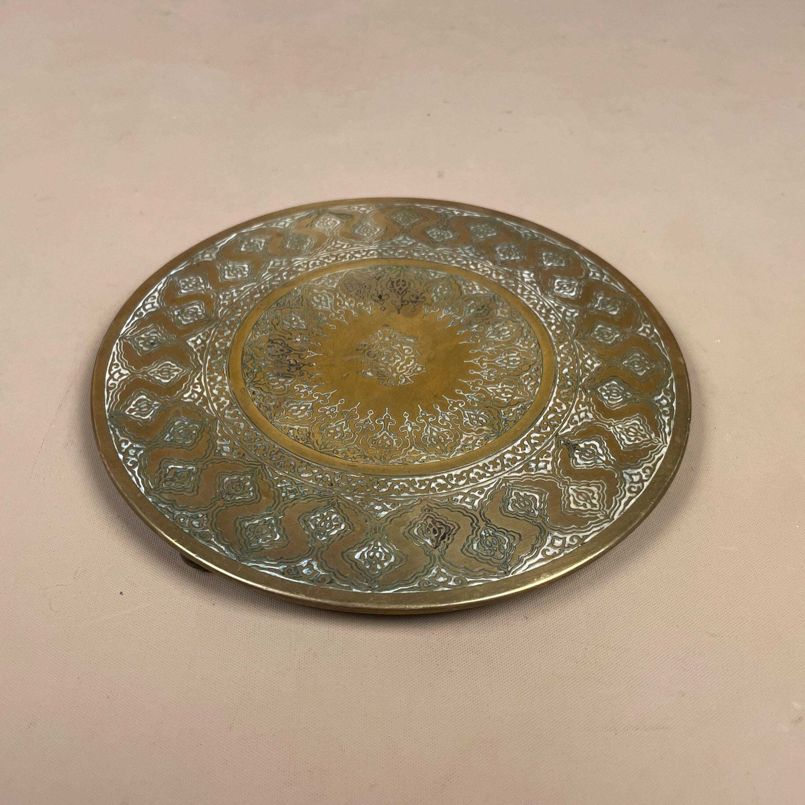 Antique Metal Gold Indian Patterned Brass Tray 16.5cm Plate Asian Handmade Etched Intricate Decorative Patterned Round Vintage Plant Stand