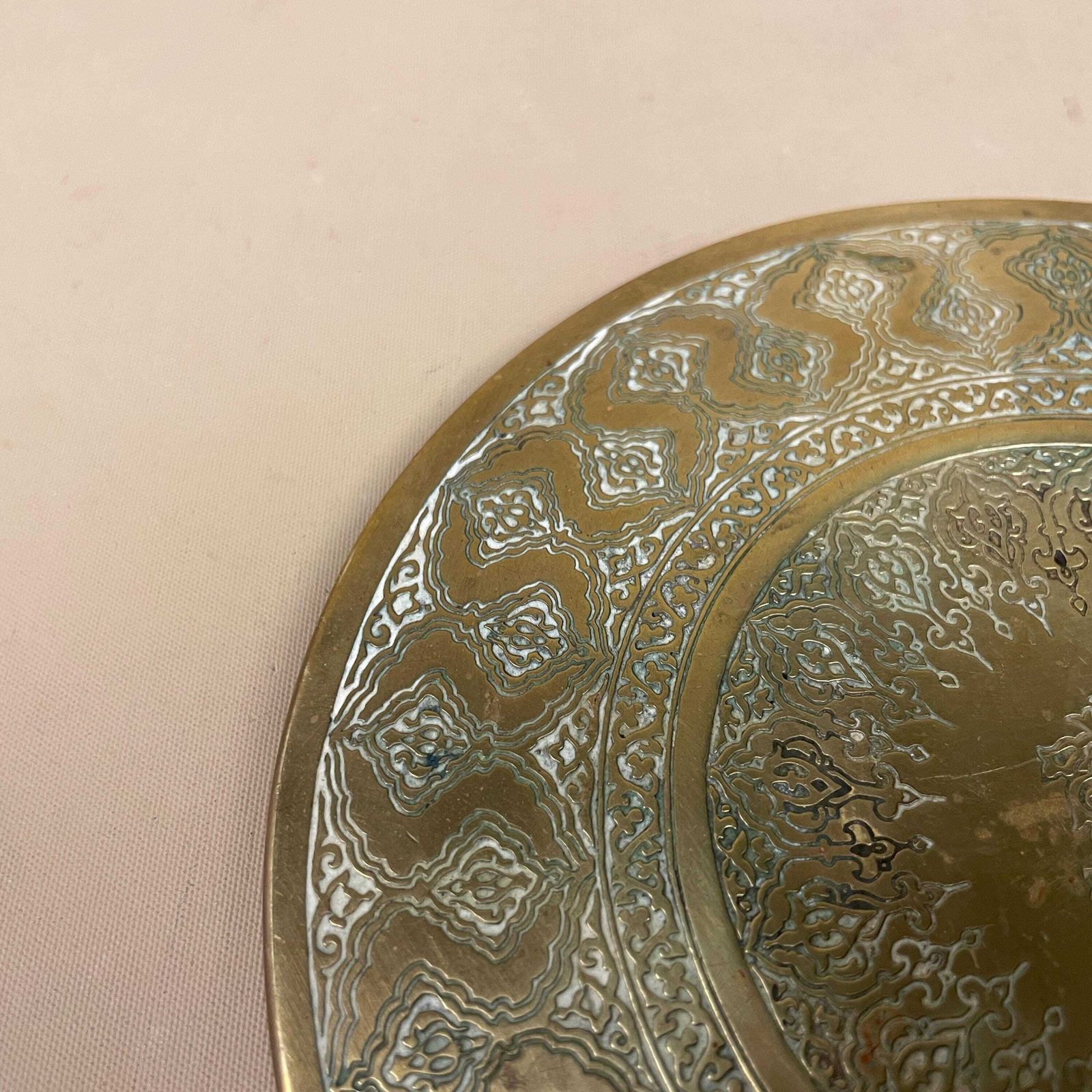 Antique Metal Gold Indian Patterned Brass Tray 16.5cm Plate Asian Handmade Etched Intricate Decorative Patterned Round Vintage Plant Stand photo furniture
