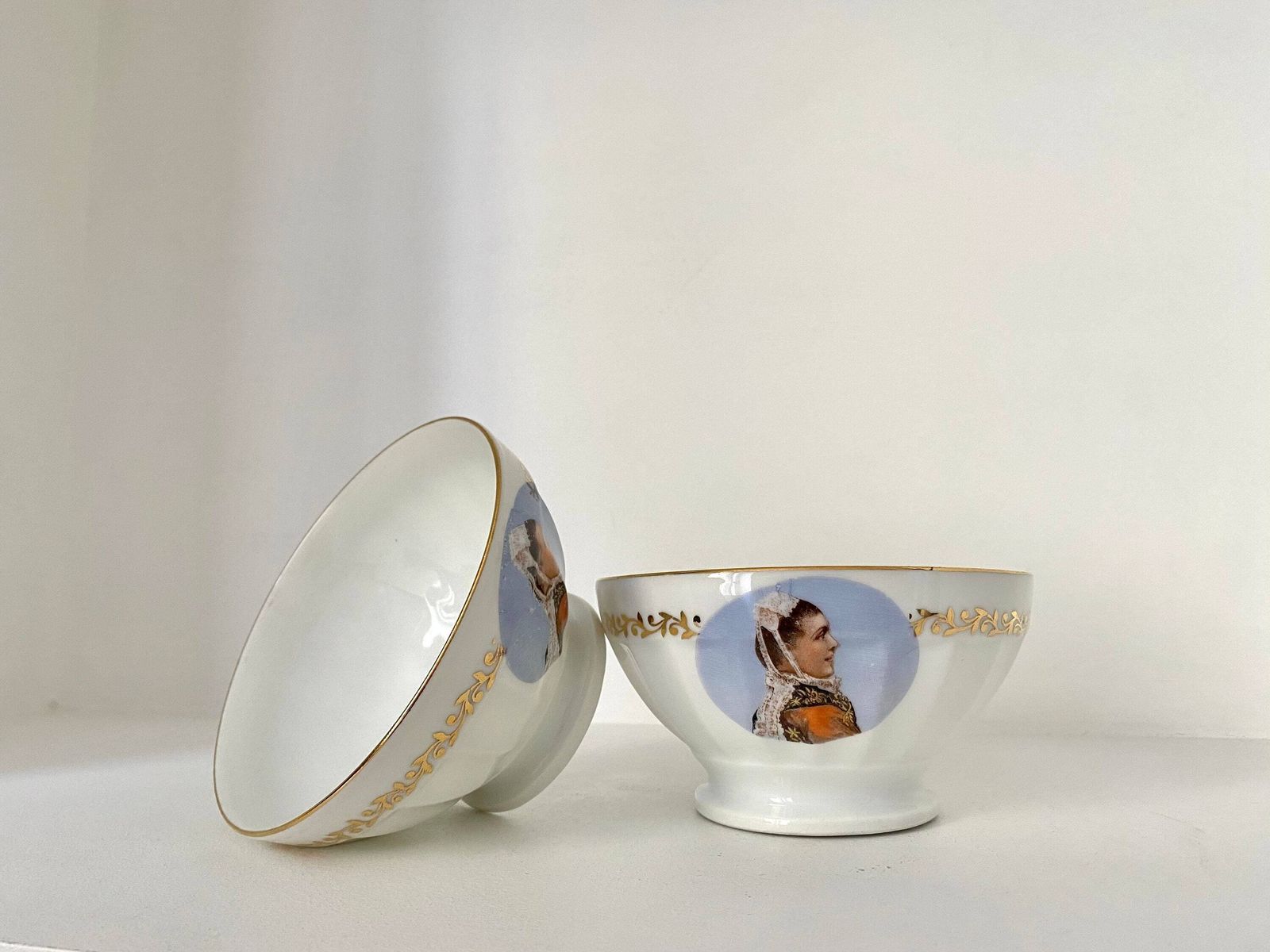 photo for sale Set Of Two 60s French Porcelain Bowls, Woman In Brittany Suit