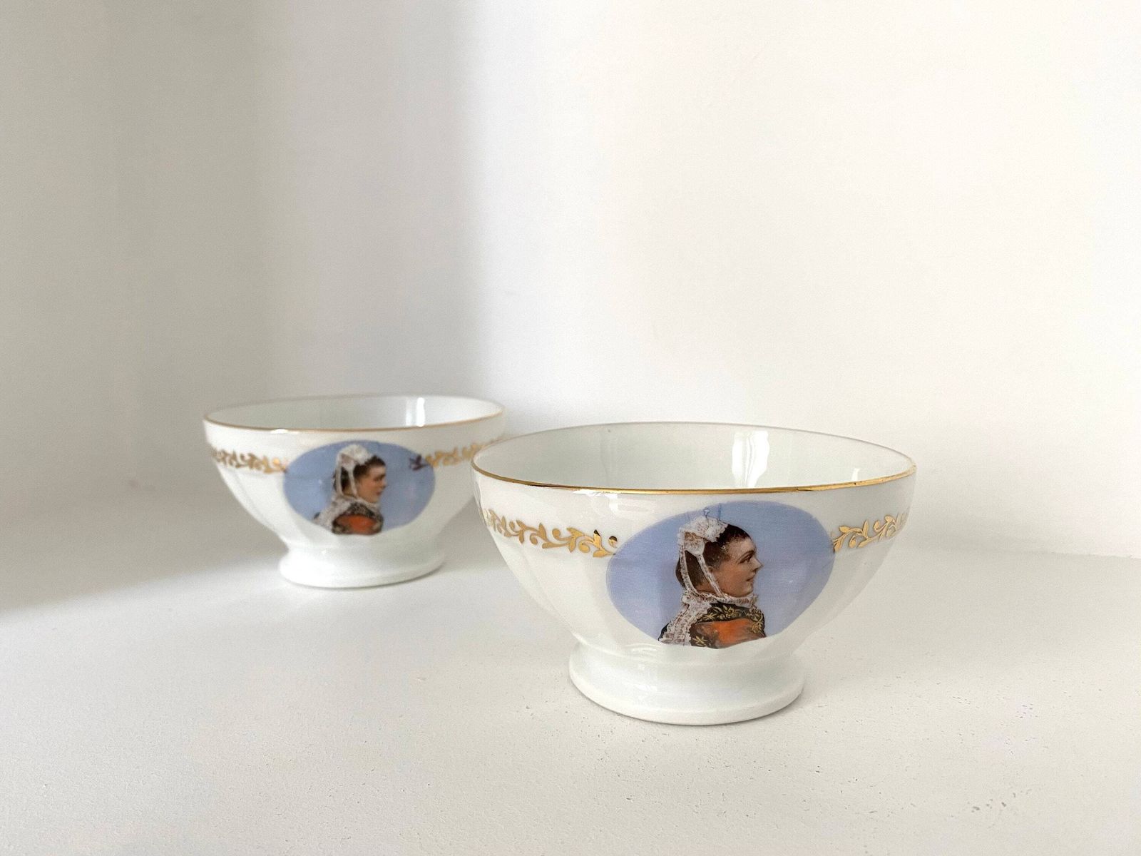 Home Decor Set Of Two 60s French Porcelain Bowls, Woman In Brittany Suit photo