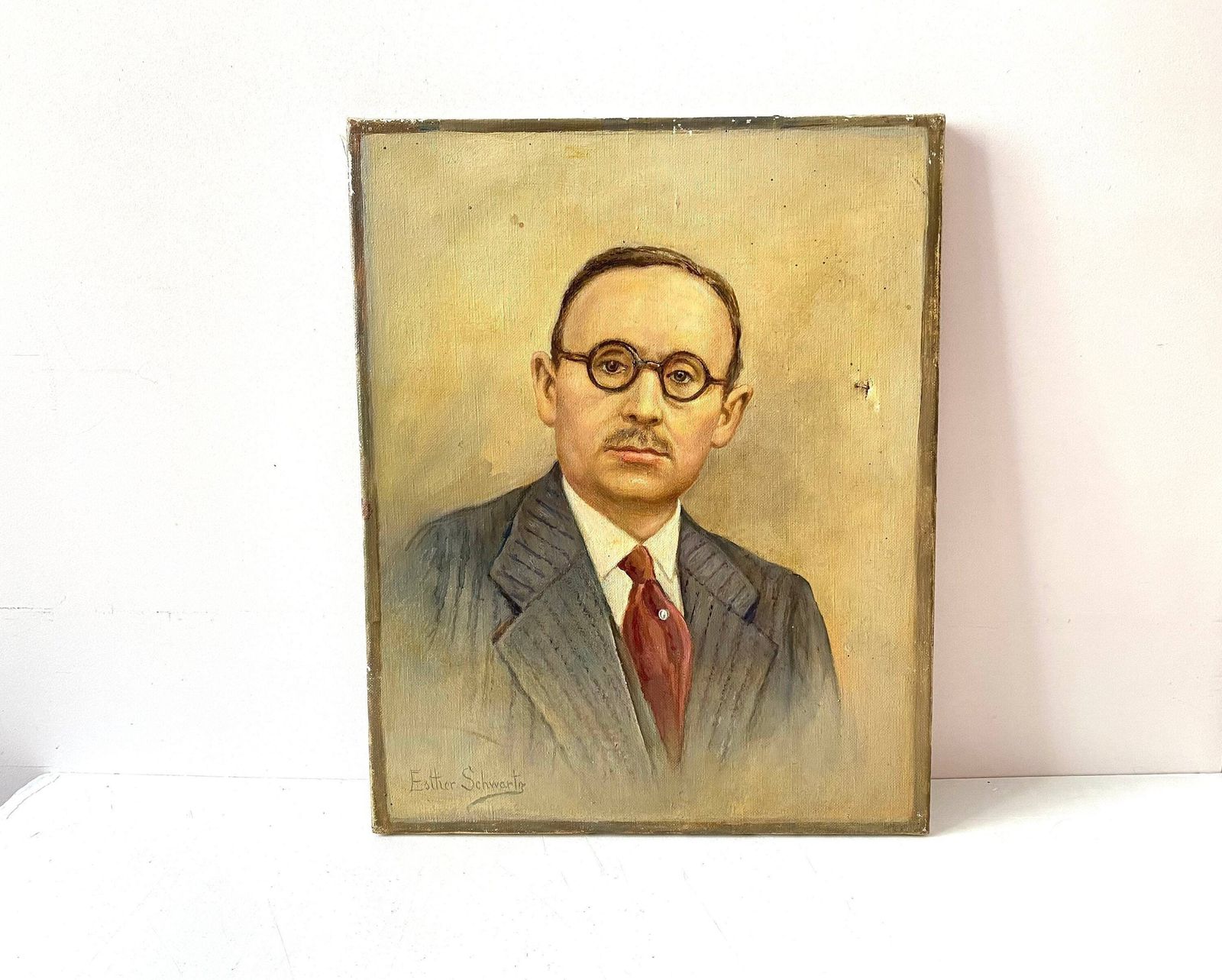 Original Antique Oil Portrait On Canvas, Painting Of A Man, Vintage Portrait Signed Esther Schwartz