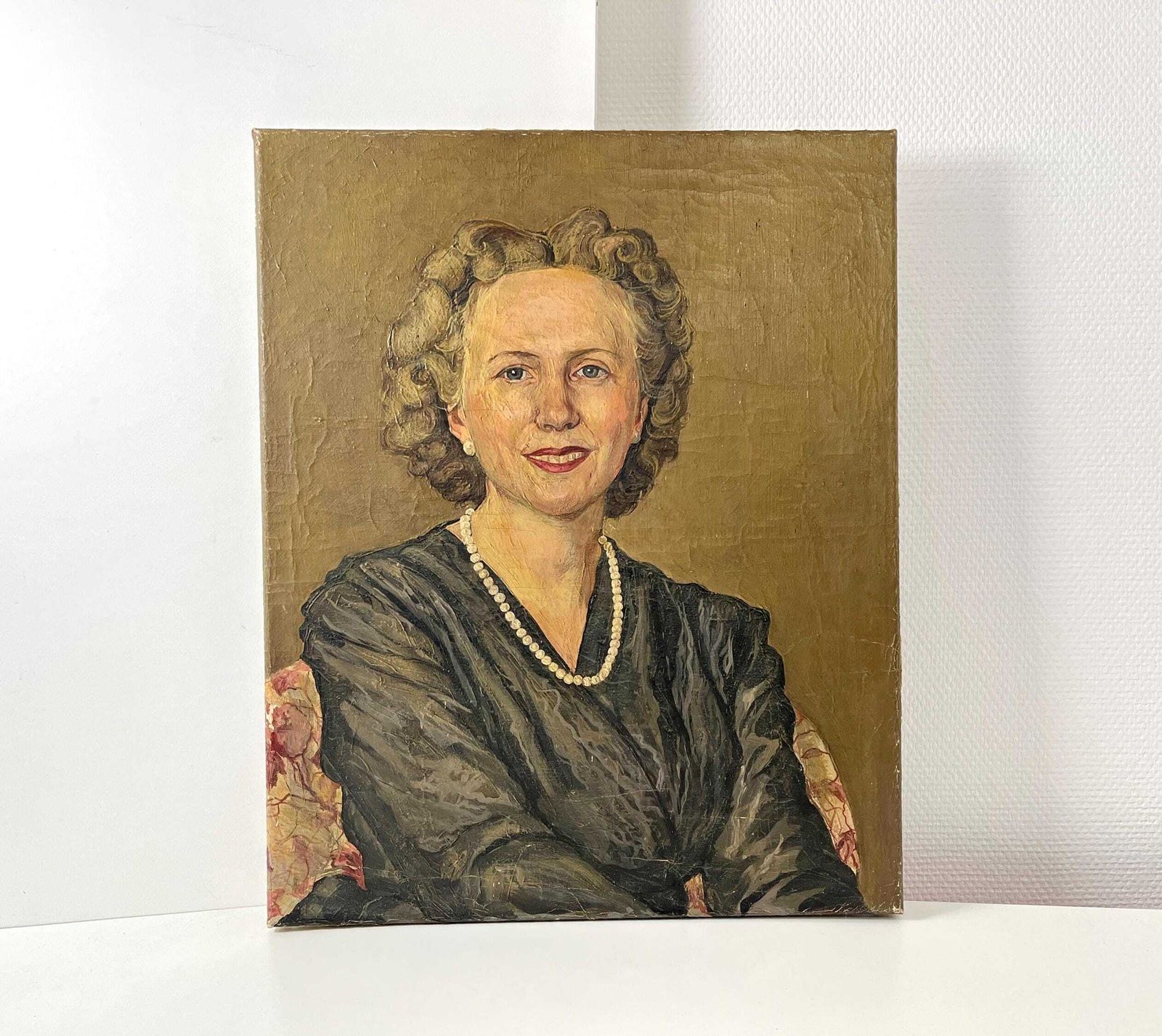 Portret, Olieverf Op Doek, Vintage Schilderij Van Een Vrouw Uit De Jaren Vijftig, Mid Century