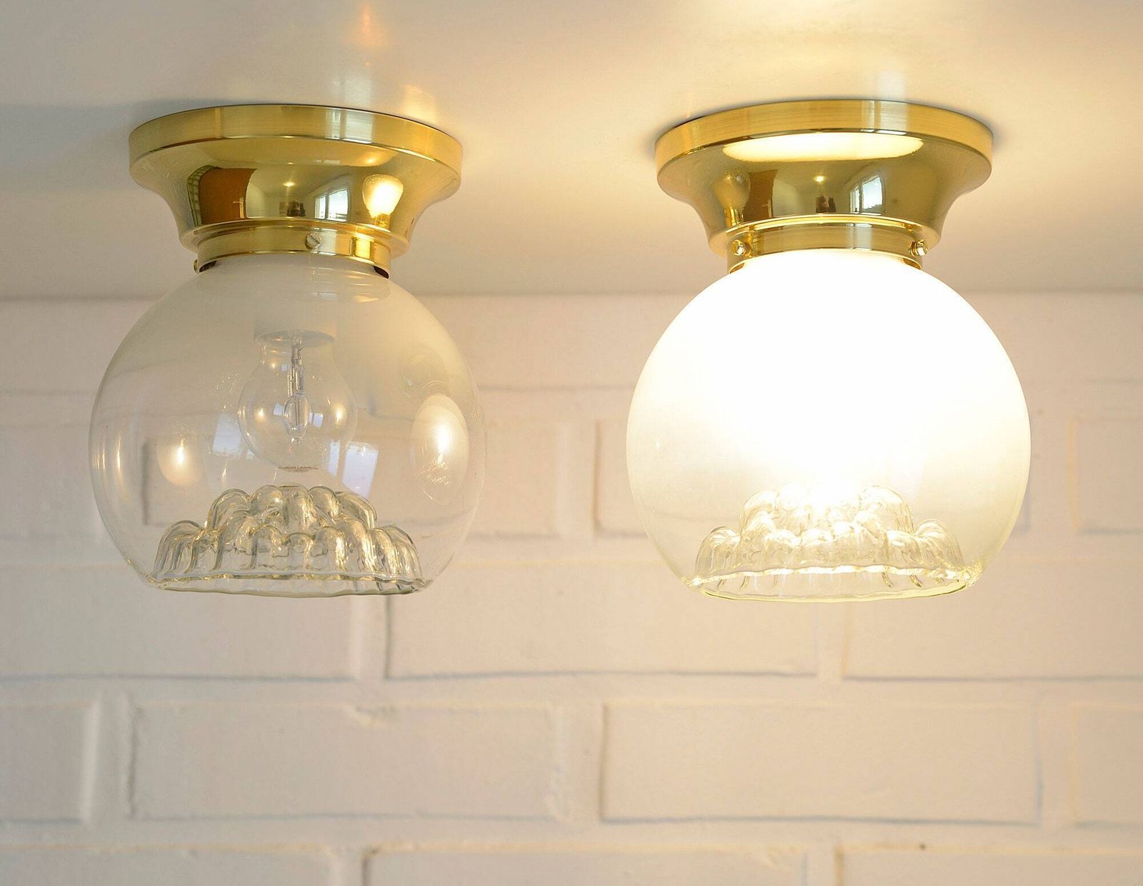 Pair Of Vintage Sconces / Murano Mazzega Hand Blown Glass / Brass Light Fixtures / Flush Mount Lamps