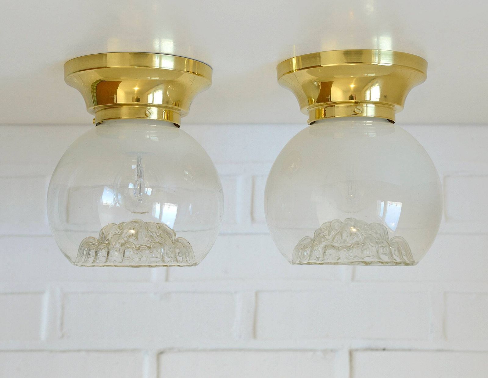 Pair Of Vintage Sconces / Murano Mazzega Hand Blown Glass / Brass Light Fixtures / Flush Mount Lamps photo furniture