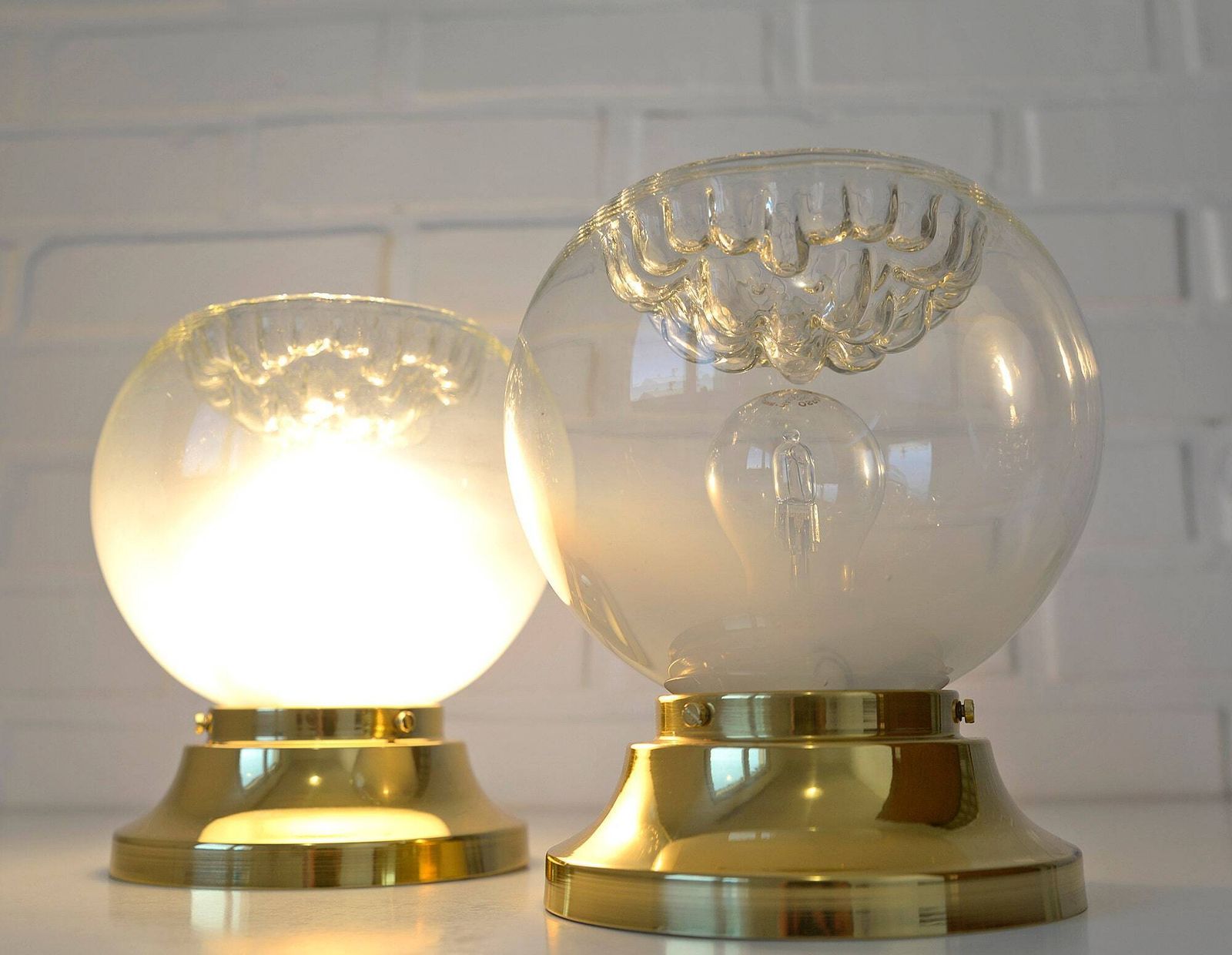 Pair Of Vintage Sconces / Murano Mazzega Hand Blown Glass / Brass Light Fixtures / Flush Mount Lamps photo 346.0