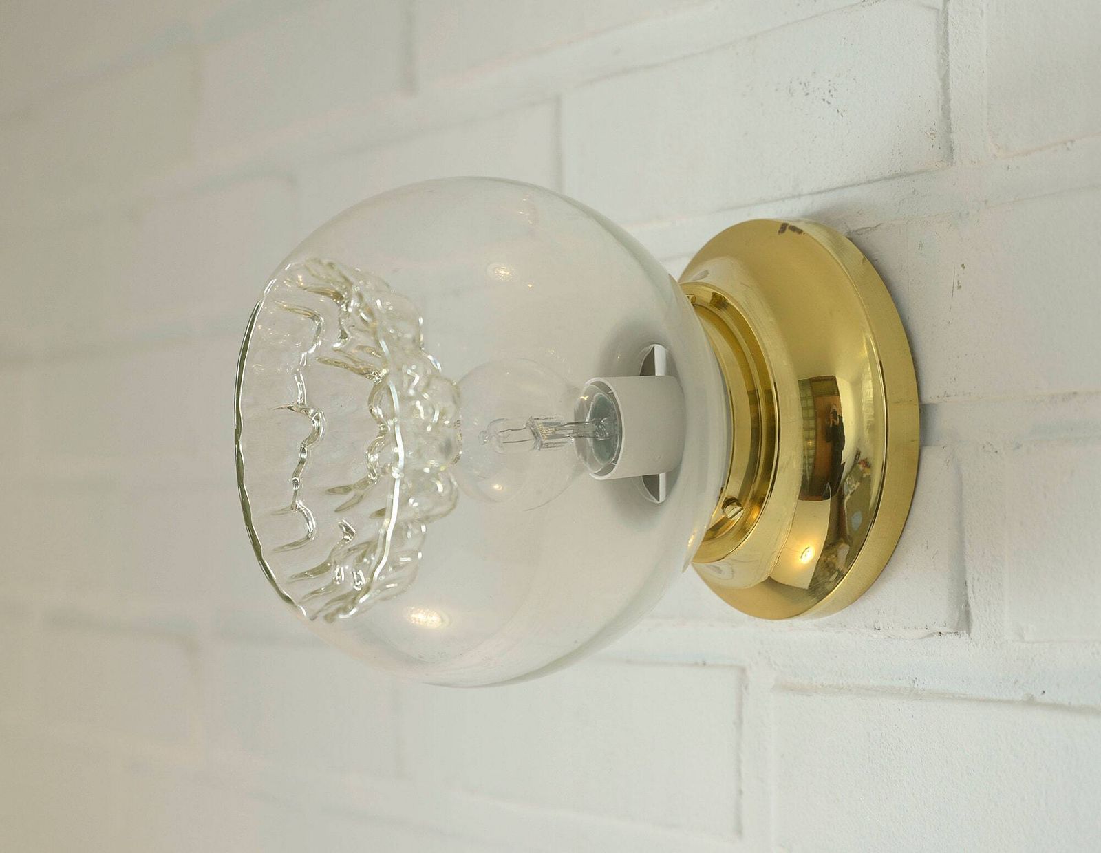 Pair Of Vintage Sconces / Murano Mazzega Hand Blown Glass / Brass Light Fixtures / Flush Mount Lamps photo vinterior