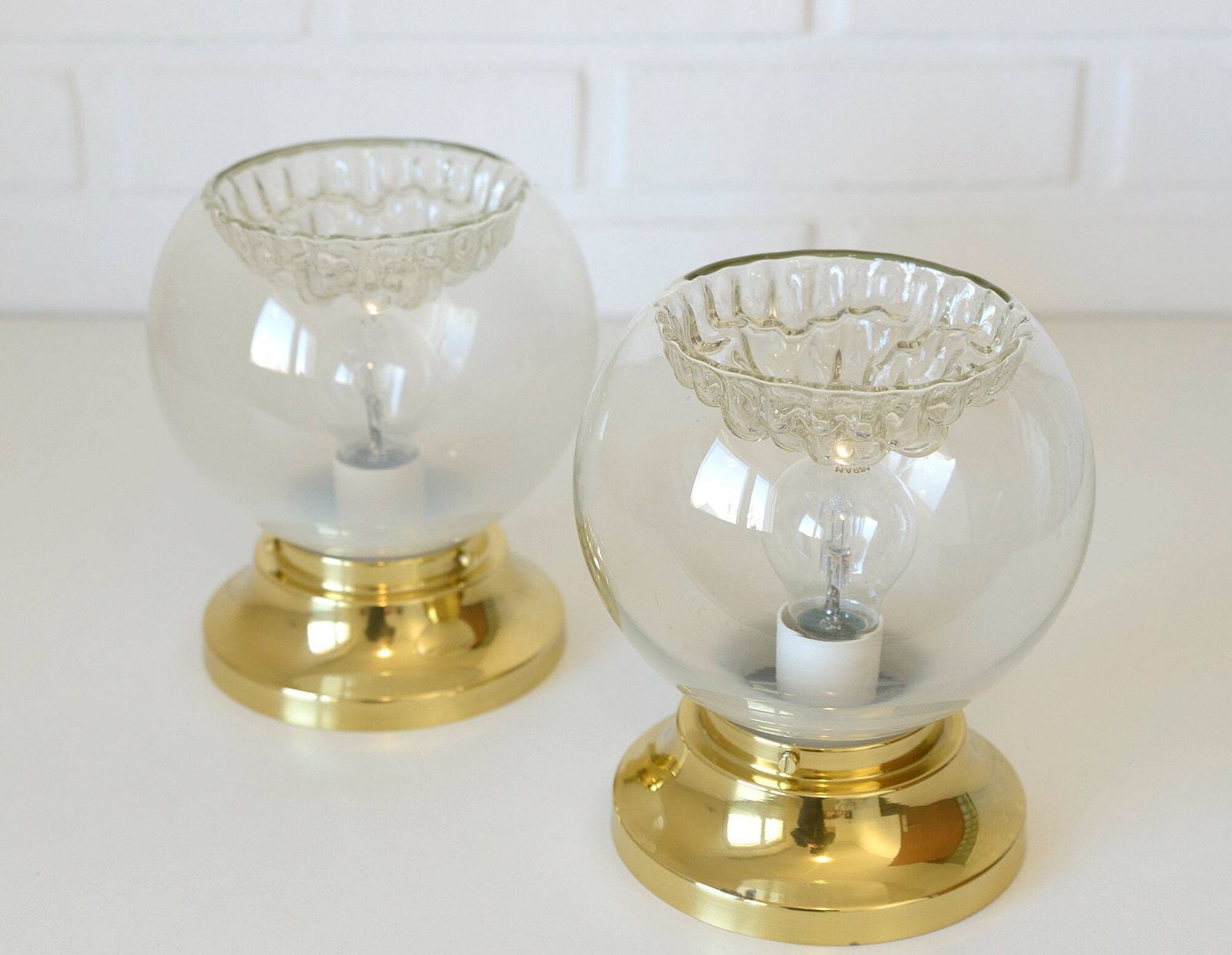 Pair Of Vintage Sconces / Murano Mazzega Hand Blown Glass / Brass Light Fixtures / Flush Mount Lamps photo buy