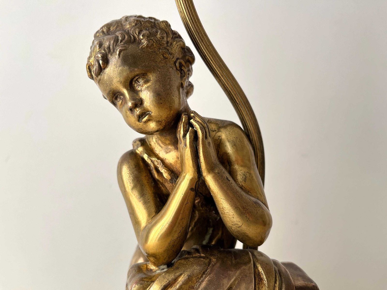 photo for sale Antique Bronze Lamp " The Little Girl On A Prayer Chair" From 1900s, French Precious Lighting