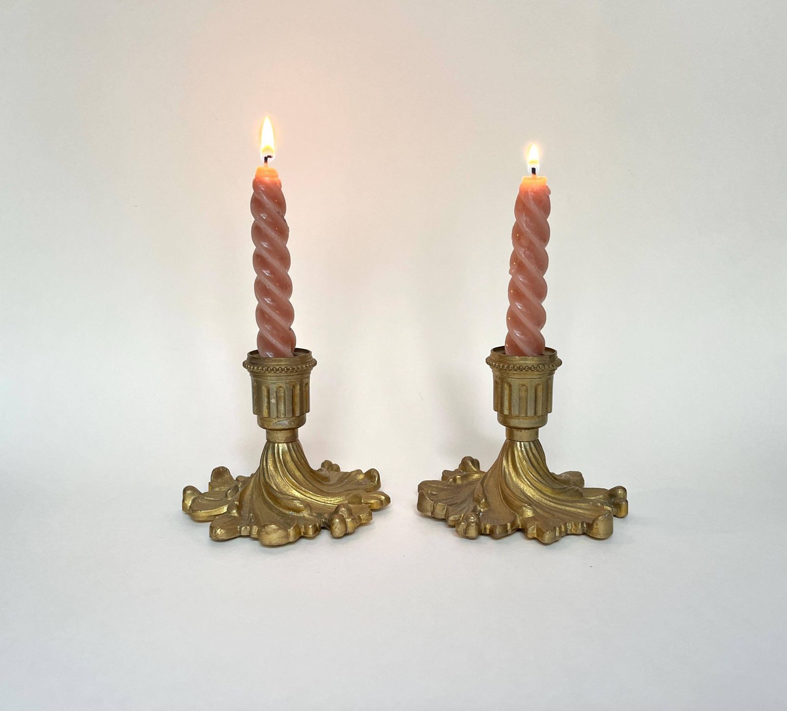 Antique Pair Of Candle Holders In Gilded Metal, Vintage 50s Candlesticks