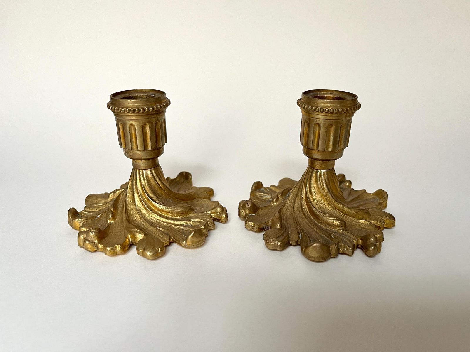 Antique Pair Of Candle Holders In Gilded Metal, Vintage 50s Candlesticks photo furniture