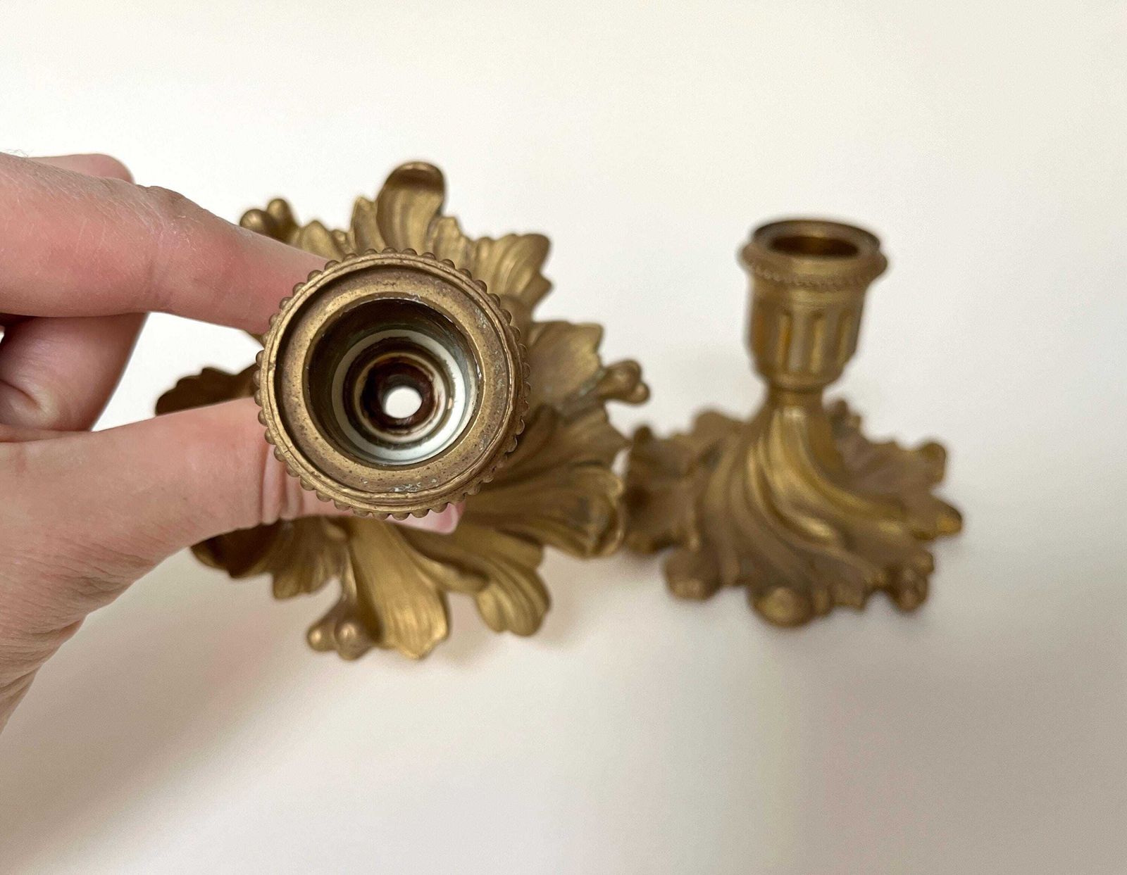 Antique Pair Of Candle Holders In Gilded Metal, Vintage 50s Candlesticks photo 173.0