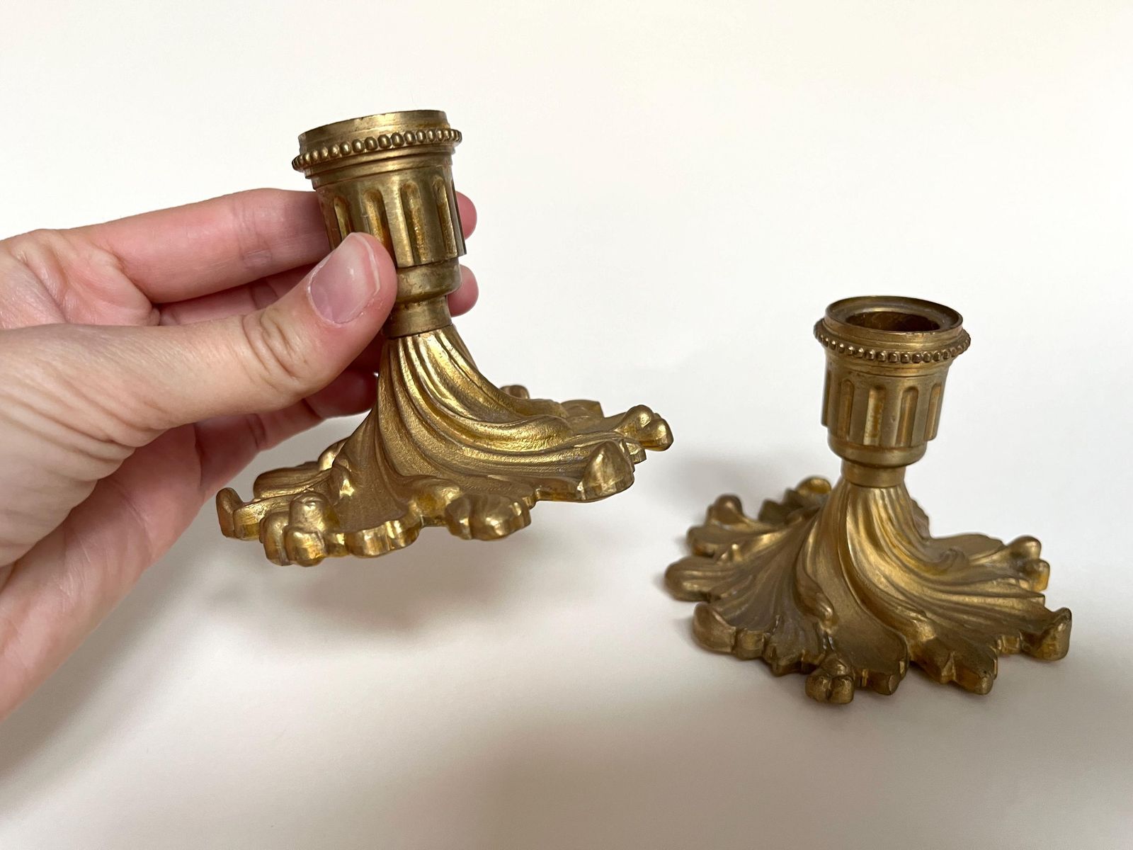 Antique Pair Of Candle Holders In Gilded Metal, Vintage 50s Candlesticks photo buy