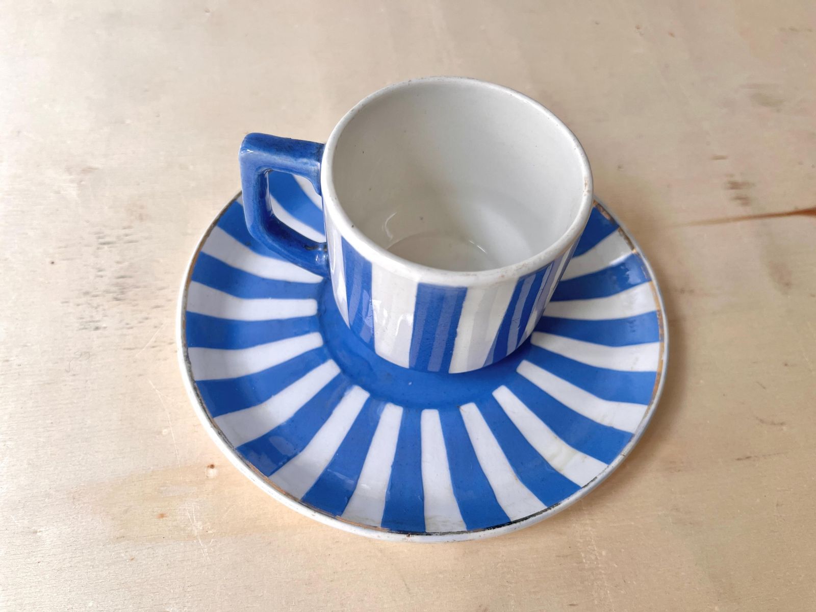French Art Deco Espresso Teacup + Saucer, Fox Trott Sarreguemines France 1930s, Antique Blue Stripes Earthenware Tableware photo Home Decor