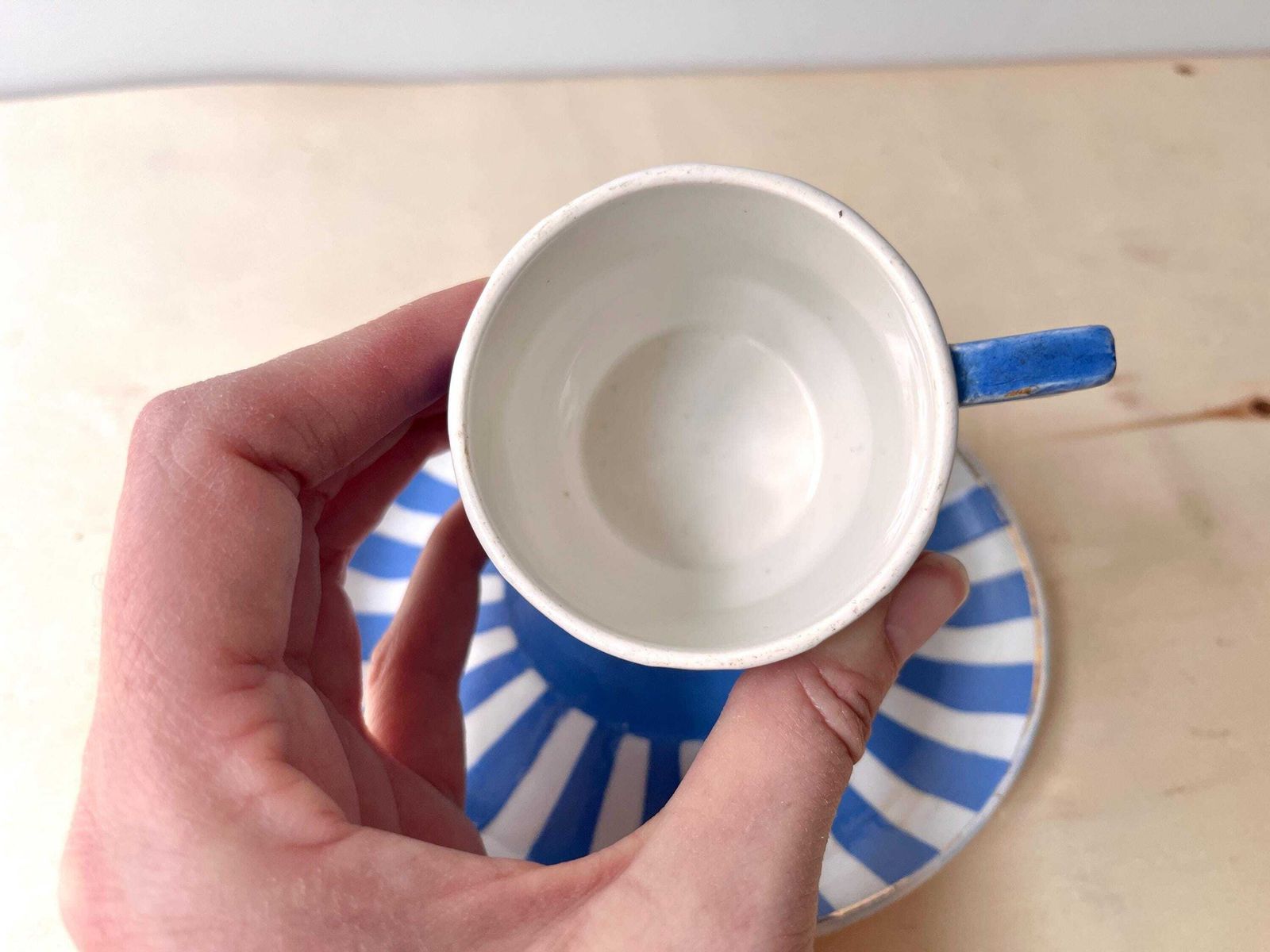 photo furniture French Art Deco Espresso Teacup + Saucer, Fox Trott Sarreguemines France 1930s, Antique Blue Stripes Earthenware Tableware
