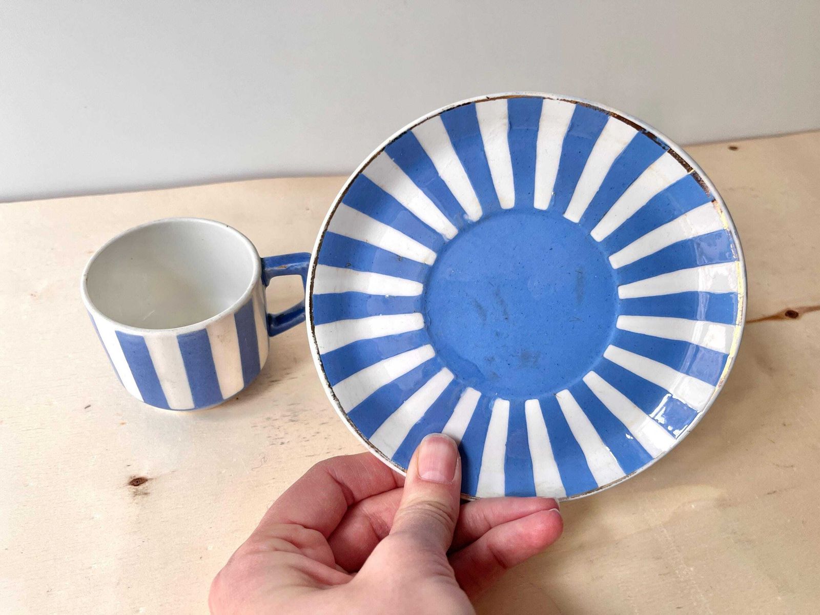 photo for sale French Art Deco Espresso Teacup + Saucer, Fox Trott Sarreguemines France 1930s, Antique Blue Stripes Earthenware Tableware