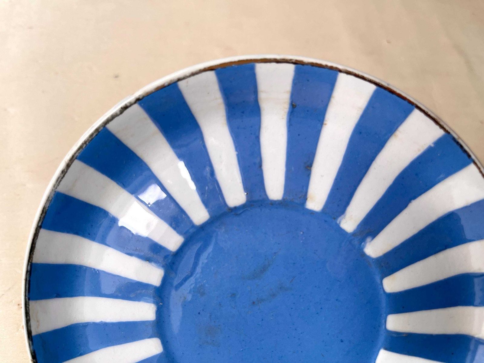photo vinterior French Art Deco Espresso Teacup + Saucer, Fox Trott Sarreguemines France 1930s, Antique Blue Stripes Earthenware Tableware