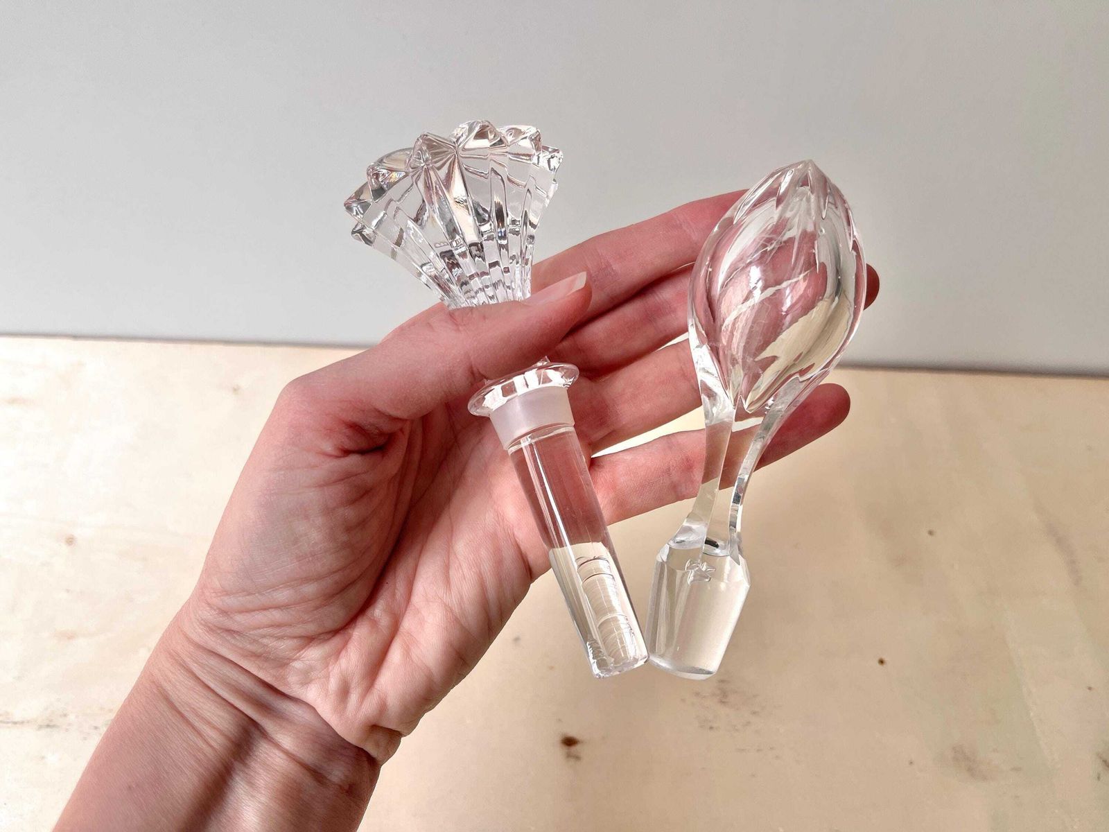 Set Of 2 French Antique Cristal Decanter Stoppers, Vintage 1940's Clear Glass Stoppers photo for sale