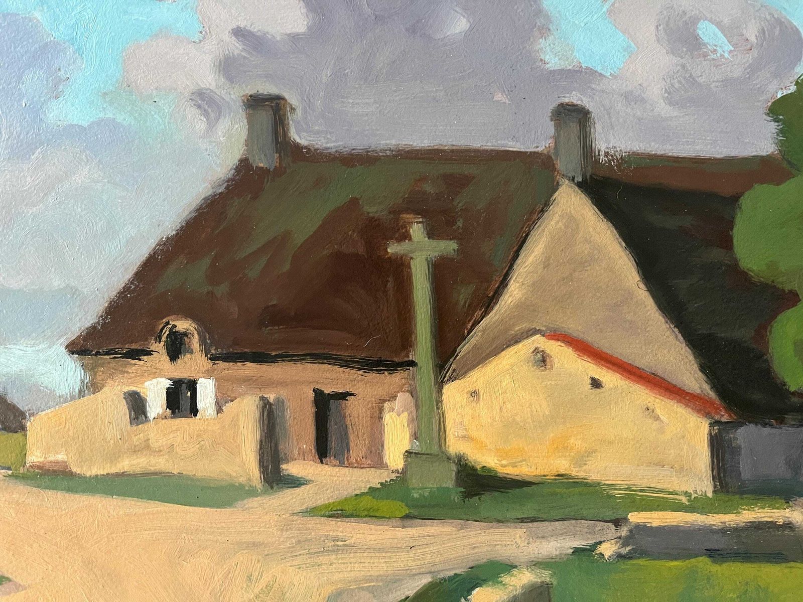 Groot Olieverfschilderij Op Paneel, Franse Bretonse Dorpsgezicht, Ca. Jaren 1950, Ingelijst Landschap photo vinterior