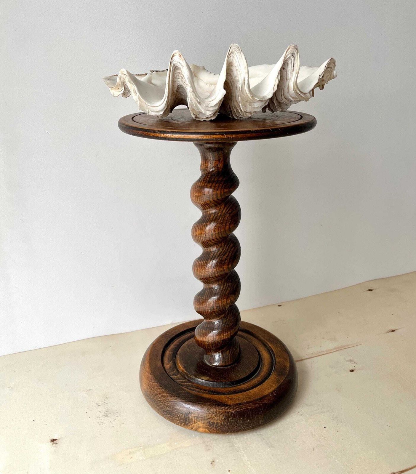 Midcentury French Turned Wood Pedestal Table, Vintage Twist Bedside Table, Wooden Plant Holder