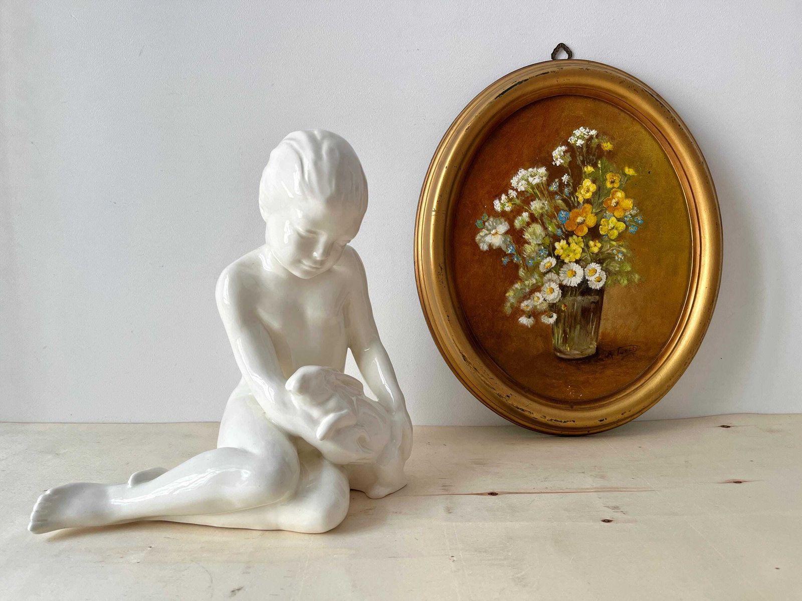 Large Art Deco Sculpture In German Porcelain 'The Child And The Rabbit' By Max Roesler, Original Signed Antique Subject, Fine Bone Statue photo furniture