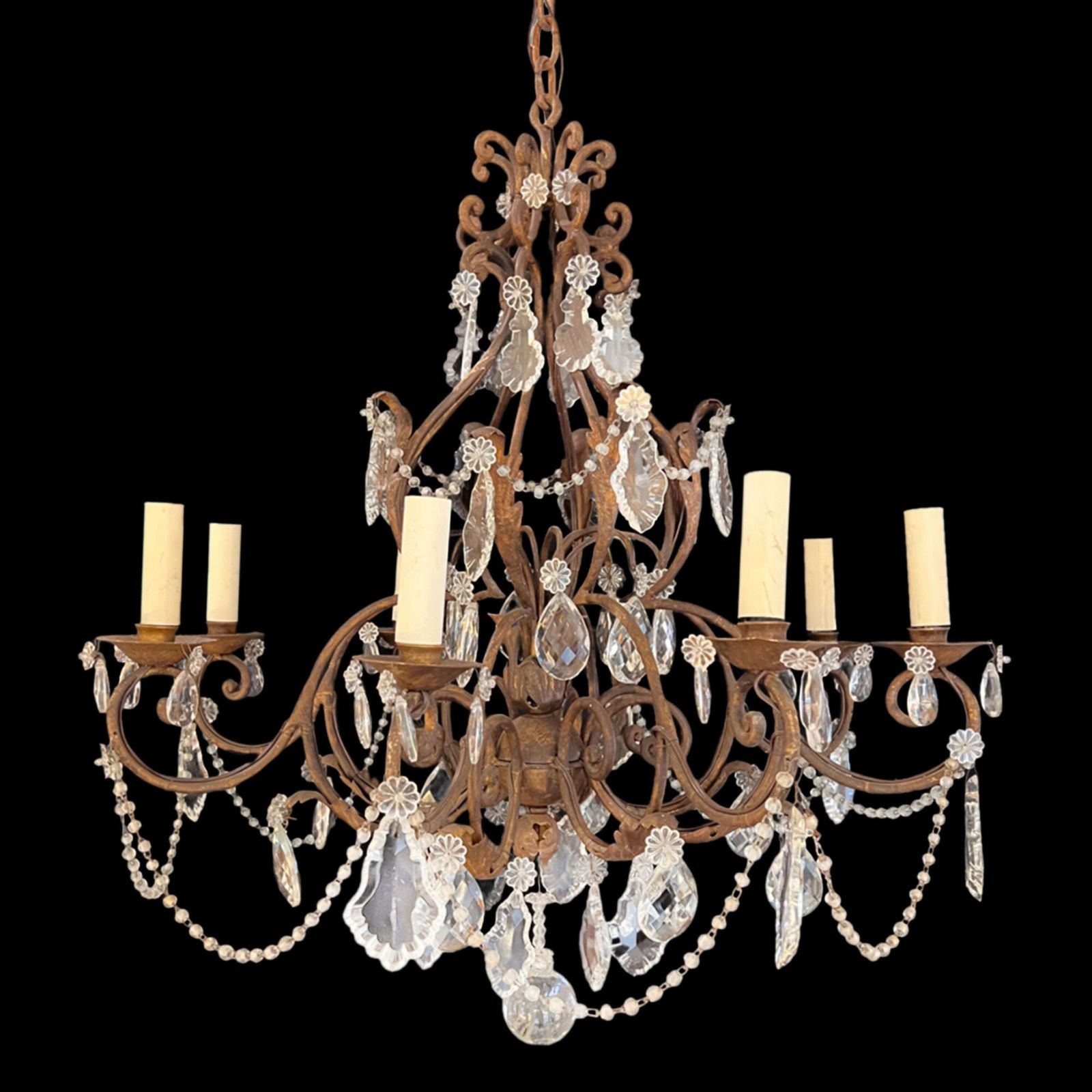 French Chandelier, Decorative, Metal And Glass With Eight Arms, 1920s