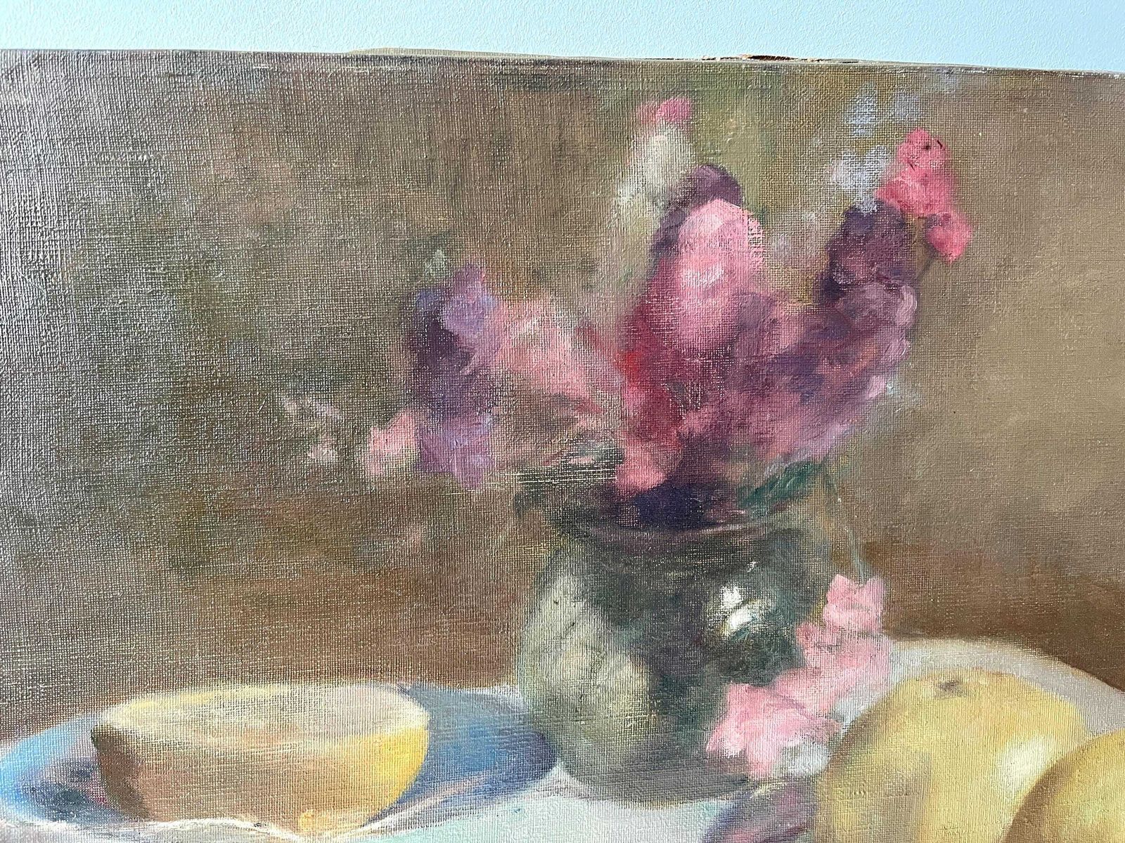 Original 1920's Oil On Canvas "The Grapefruit And The Gladioli", Antique French Signed Painting, Fruits And Floral Still Life photo 1172.0